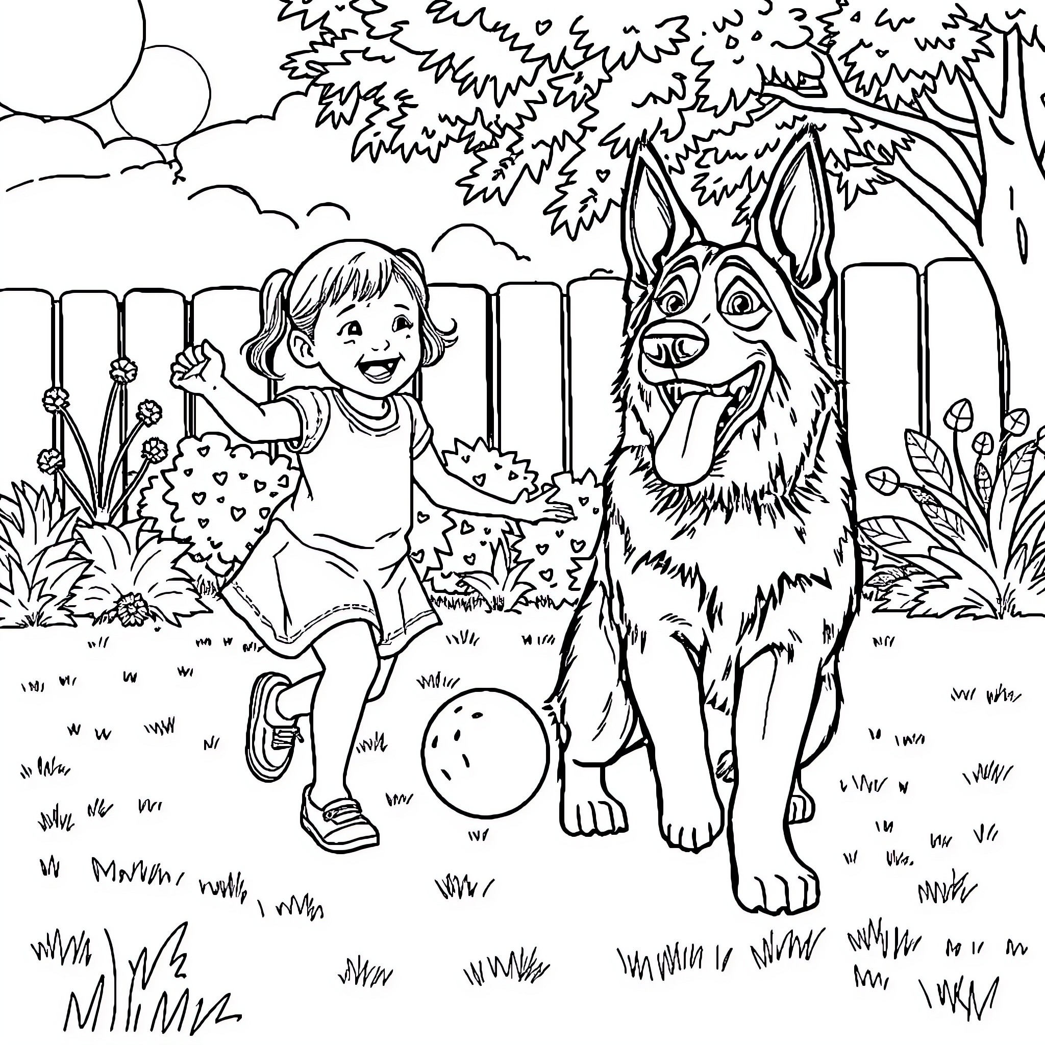 German Shepherd playing with a young girl outdoors Coloring Page (free black-and-white line drawing printable PDF for all, from beginners to advanced learners, including children, teens, adults, and seniors)