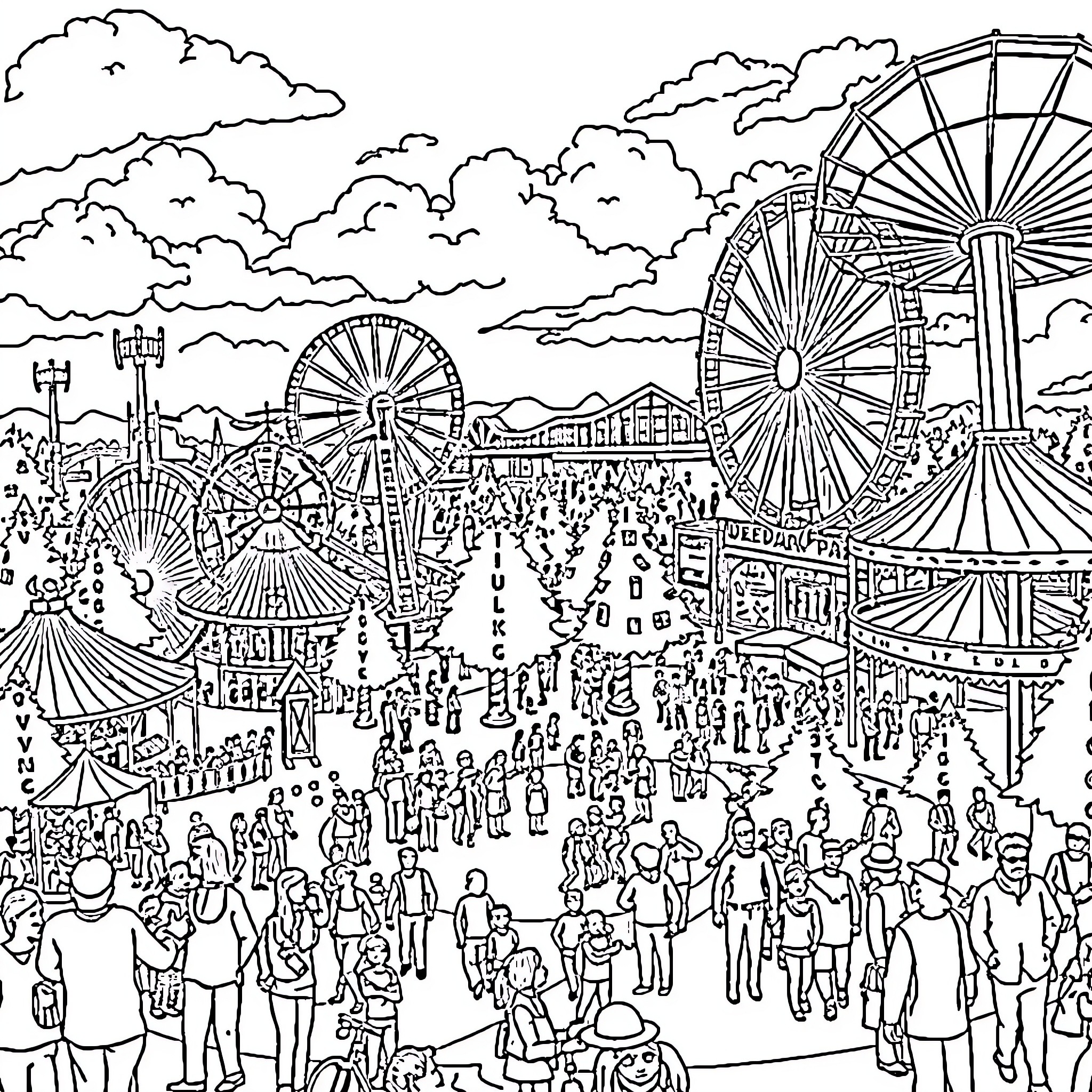 Europapark filled with lively crowds and carnival rides Coloring Page (free black-and-white line drawing printable PDF for all, from beginners to advanced learners, including children, teens, adults, and seniors)