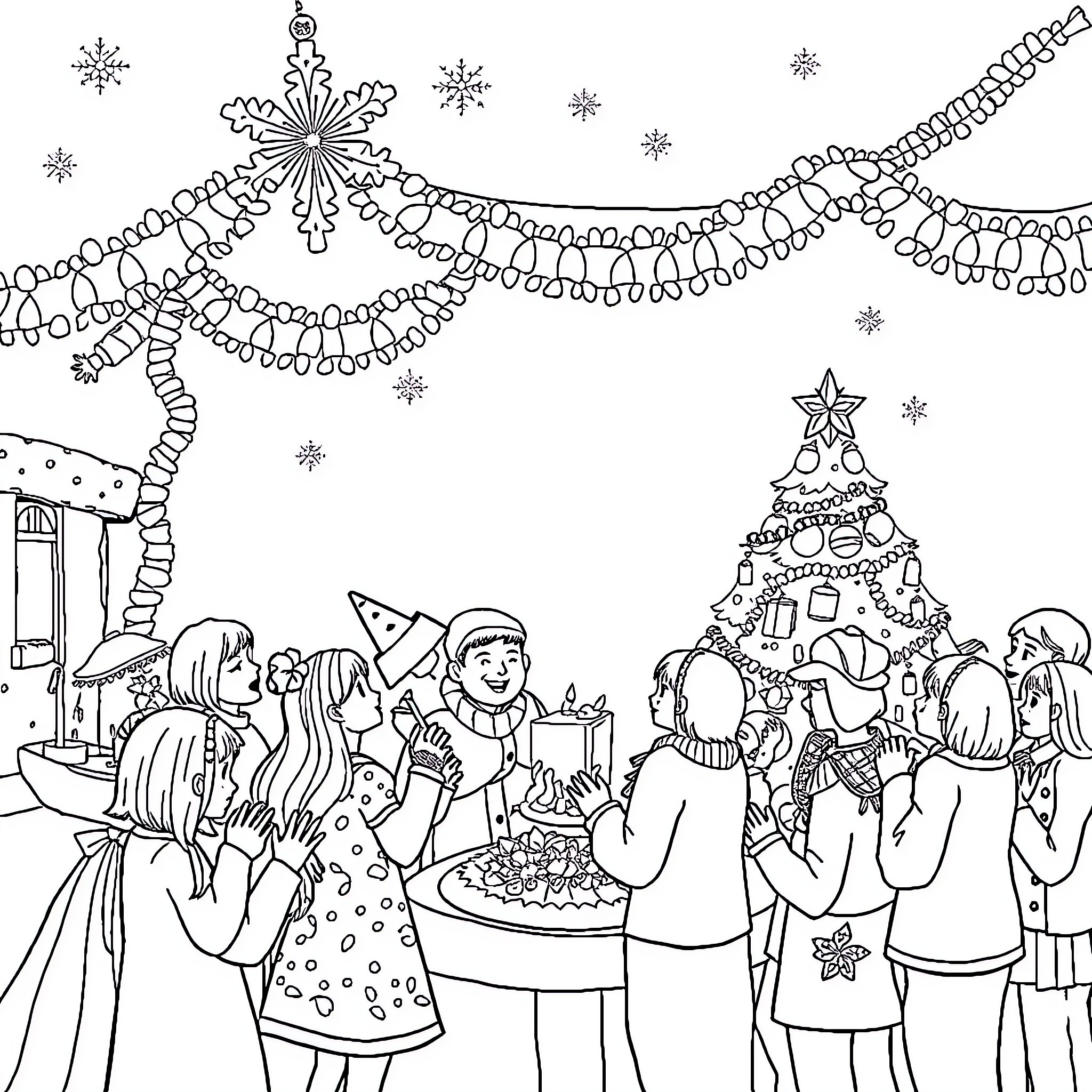 Noel's Festive Celebration with Family and Friends Coloring Page (free black-and-white line drawing printable PDF for all, from beginners to advanced learners, including children, teens, adults, and seniors)