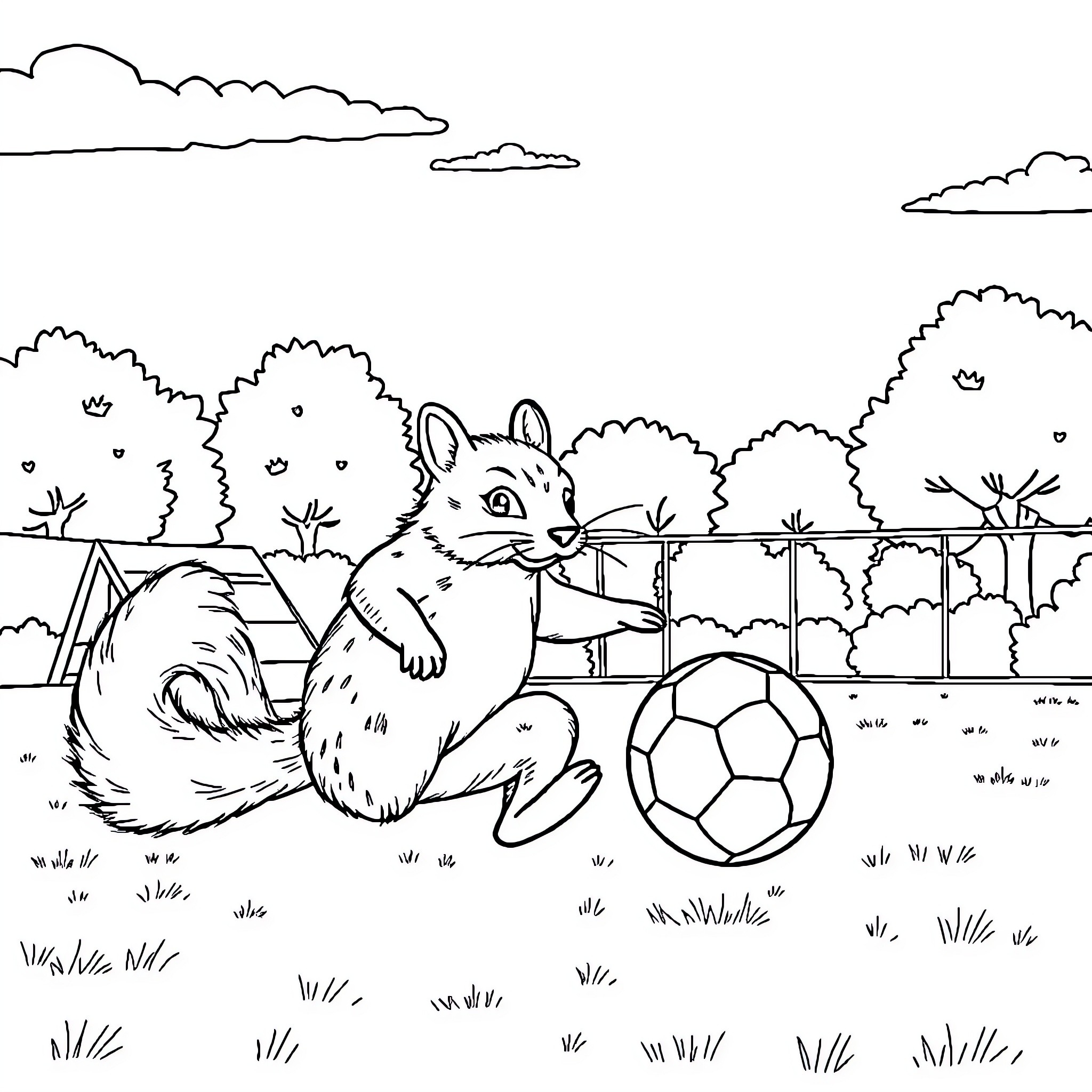Perro jugando con balón de fútbol en el parque Coloring Page (free black-and-white line drawing printable PDF for all, from beginners to advanced learners, including children, teens, adults, and seniors)