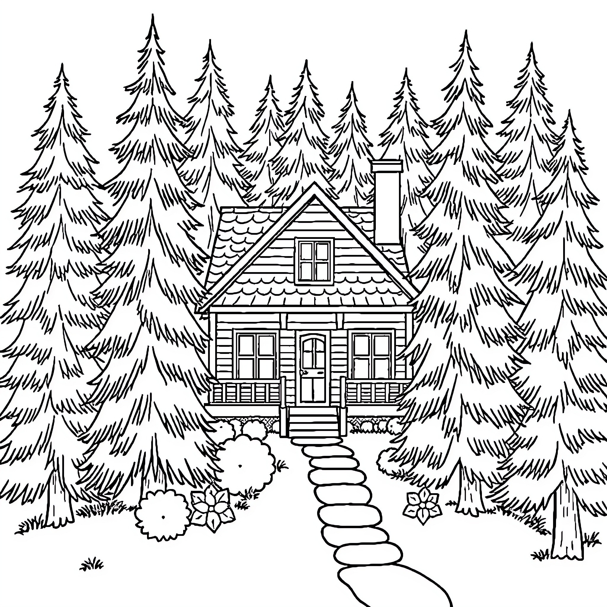House in the snowy forest Coloring Page (free black-and-white line drawing printable PDF for all, from beginners to advanced learners, including children, teens, adults, and seniors)