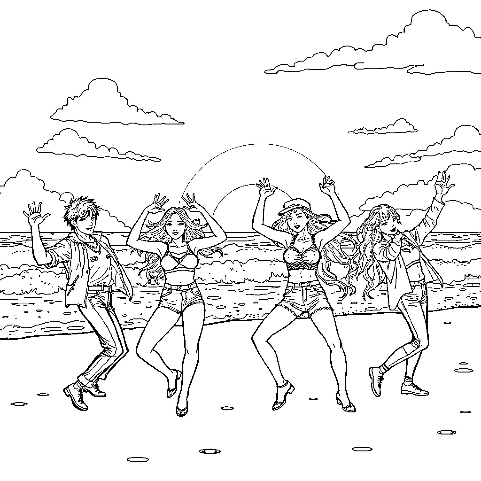 K Pop Idols Dancing on the Beach Coloring Page (free black-and-white line drawing printable PDF for all, from beginners to advanced learners, including children, teens, adults, and seniors)