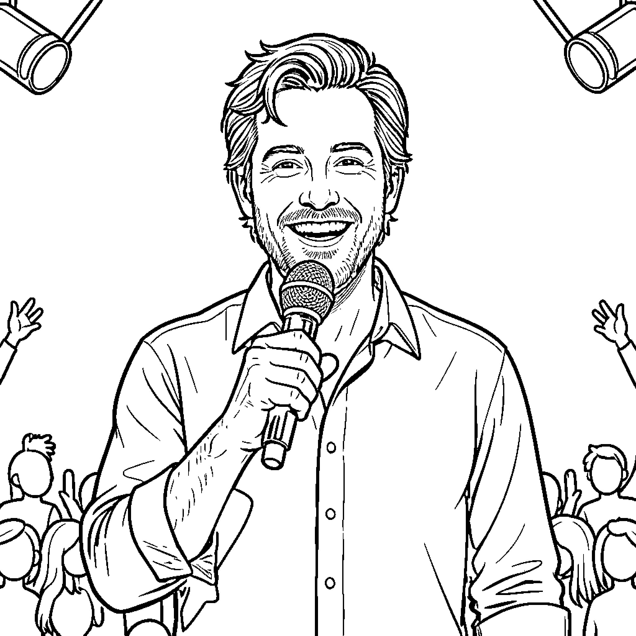 Adam Sandler smiling while performing stand up comedy Coloring Page (free black-and-white line drawing printable PDF for all, from beginners to advanced learners, including children, teens, adults, and seniors)
