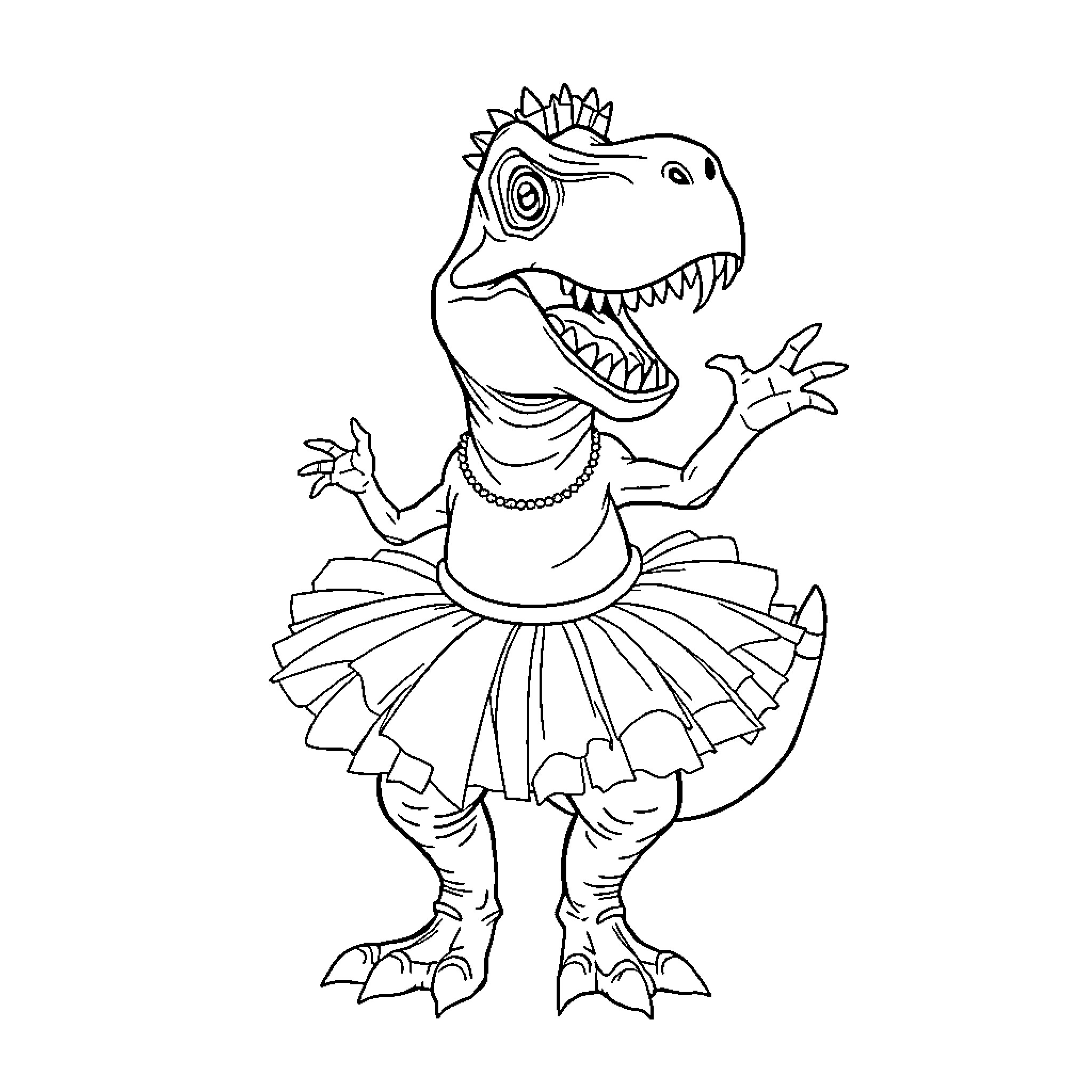 T-Rex Dancing in Ballet Tutu Coloring Page (free black-and-white line drawing printable PDF for all, from beginners to advanced learners, including children, teens, adults, and seniors)