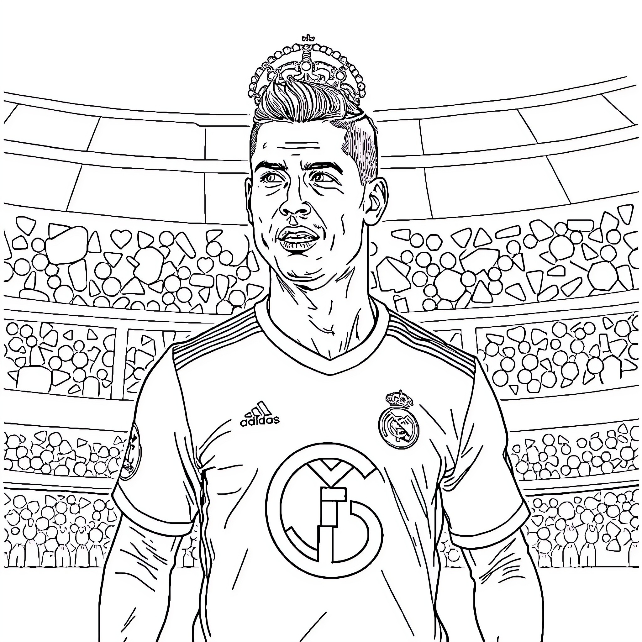 Ronaldo crowned in the stadium Coloring Page (free black-and-white line drawing printable PDF for all, from beginners to advanced learners, including children, teens, adults, and seniors)