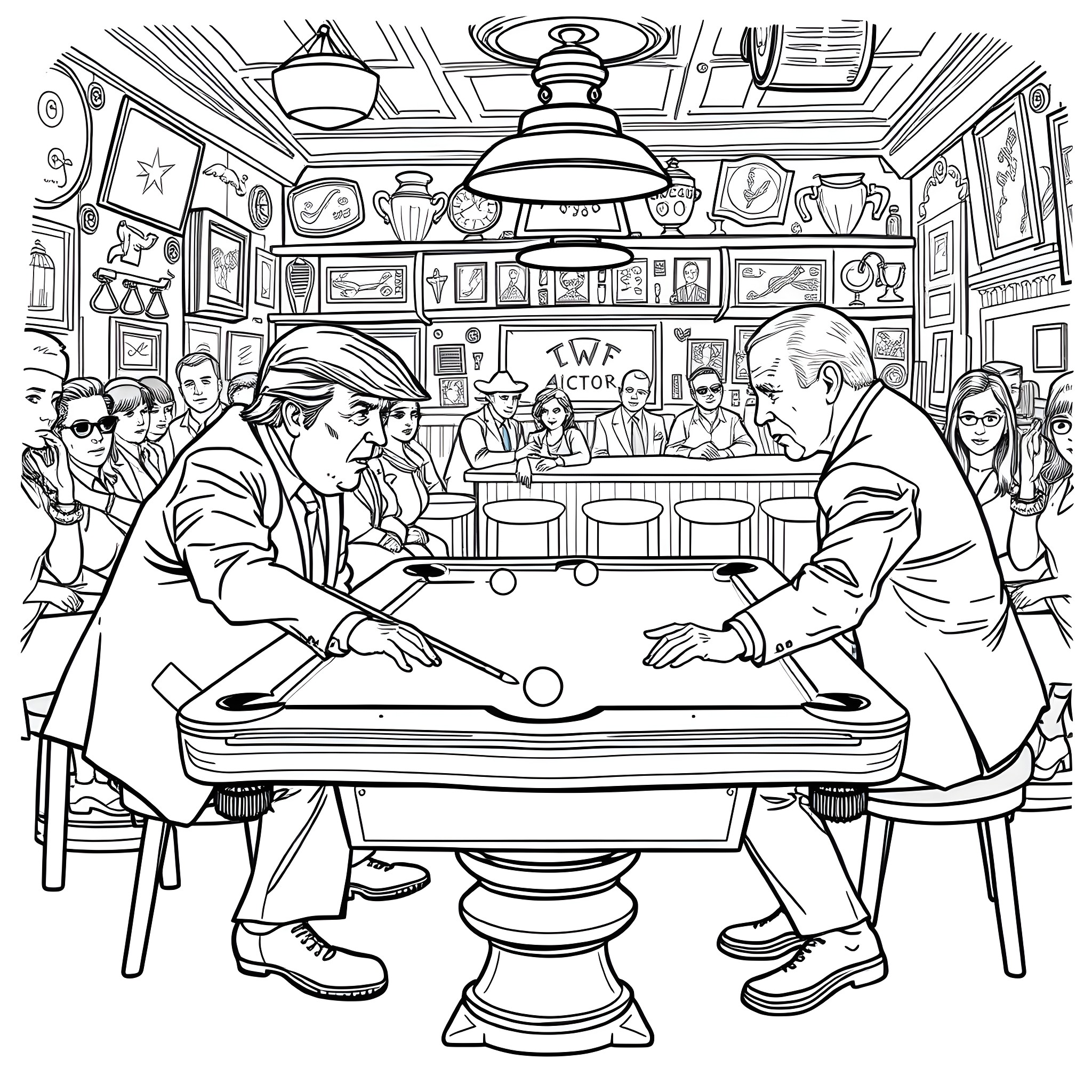 Donald Trump playing pool with political opponents in a bar Coloring Page (free black-and-white line drawing printable PDF for all, from beginners to advanced learners, including children, teens, adults, and seniors)