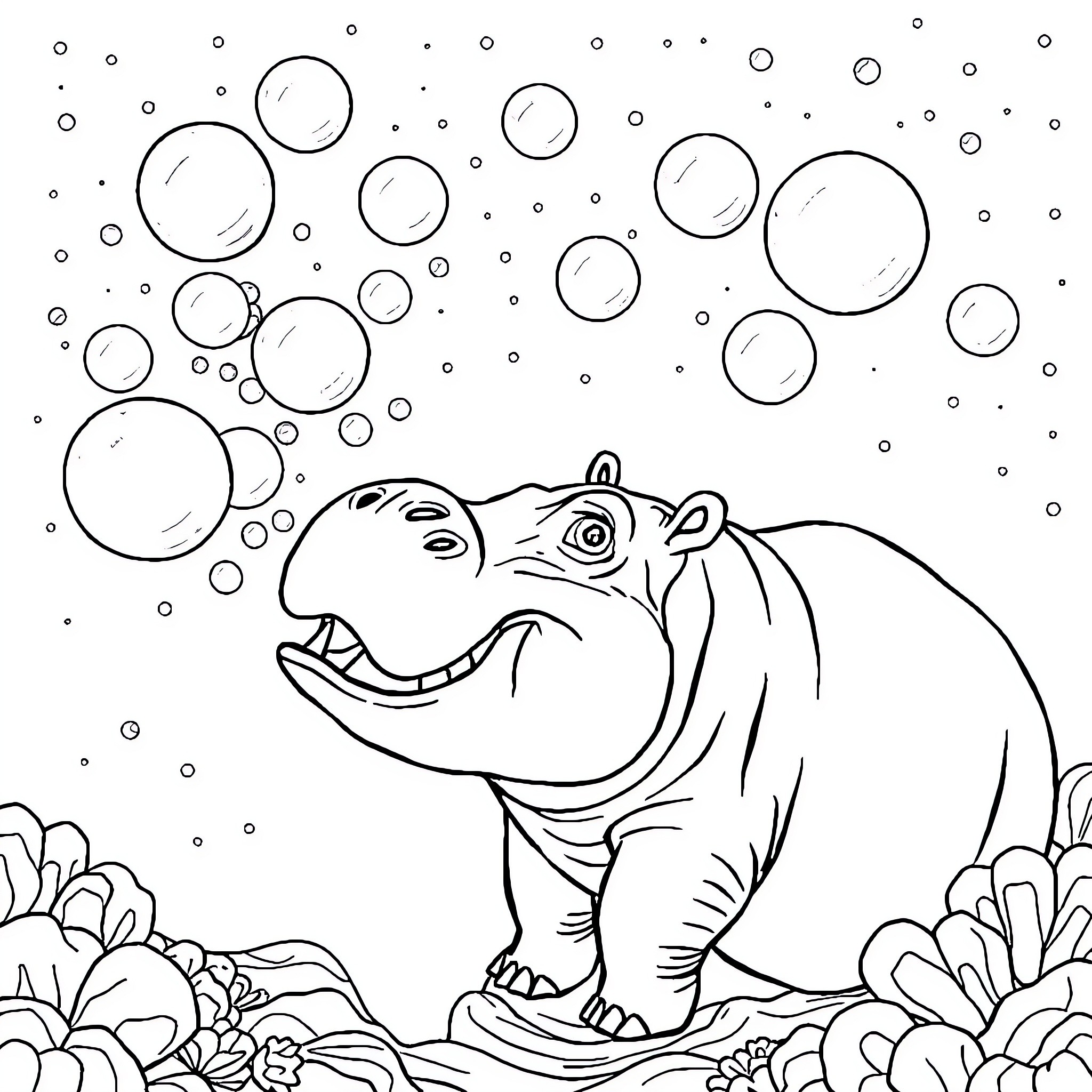 Hippo playing with bubbles in the water Coloring Page (free black-and-white line drawing printable PDF for all, from beginners to advanced learners, including children, teens, adults, and seniors)