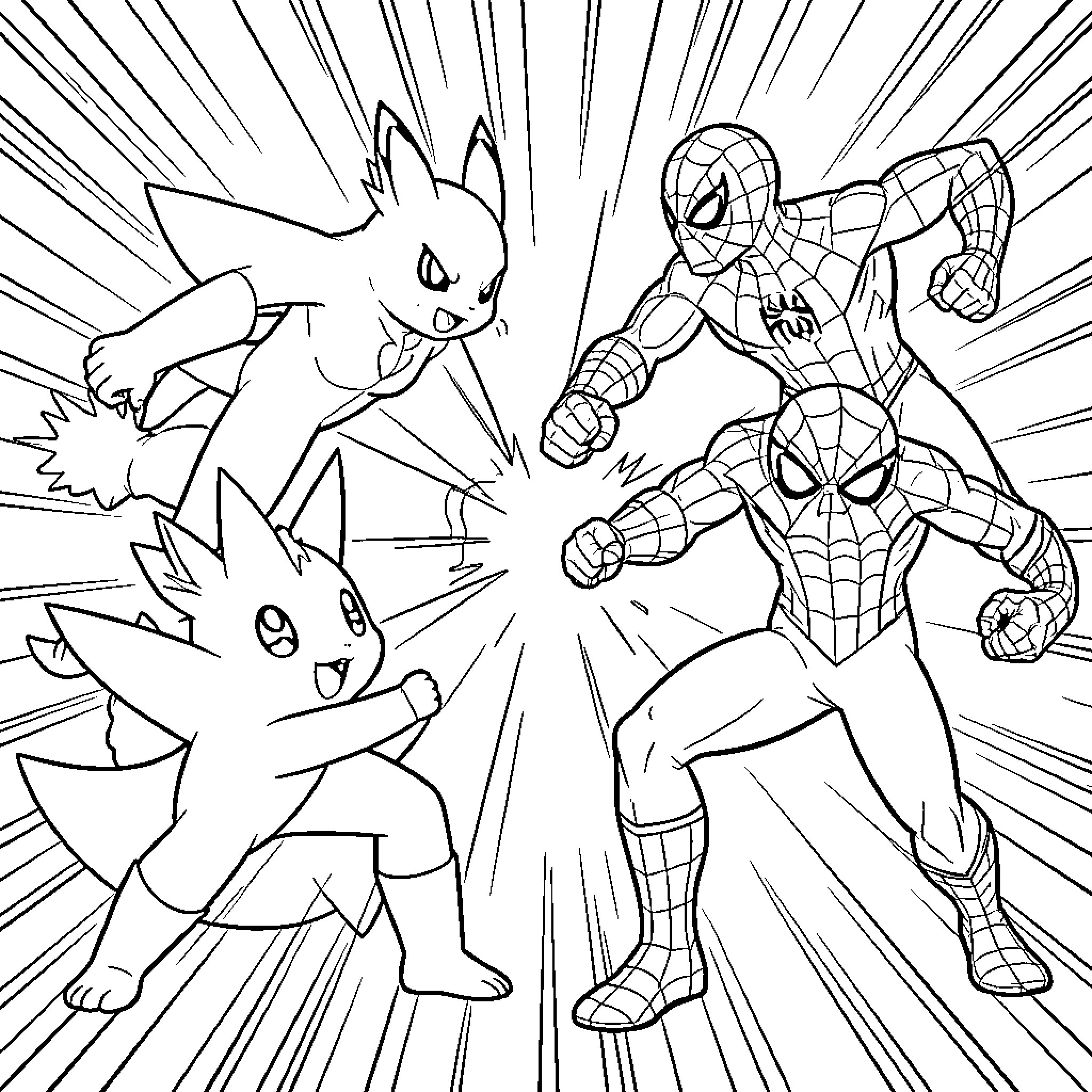Pokémon and Spider-Man facing off in an epic battle Coloring Page (free black-and-white line drawing printable PDF for all, from beginners to advanced learners, including children, teens, adults, and seniors)