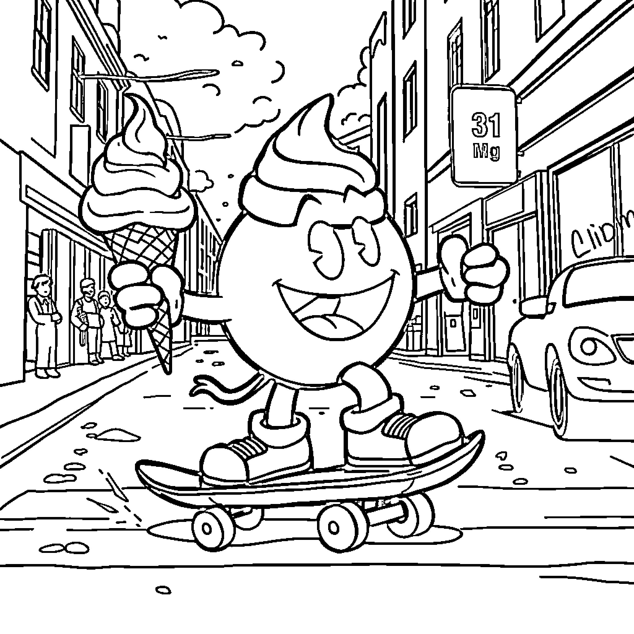 Pacman character skateboarding on city street Coloring Page (free black-and-white line drawing printable PDF for all, from beginners to advanced learners, including children, teens, adults, and seniors)