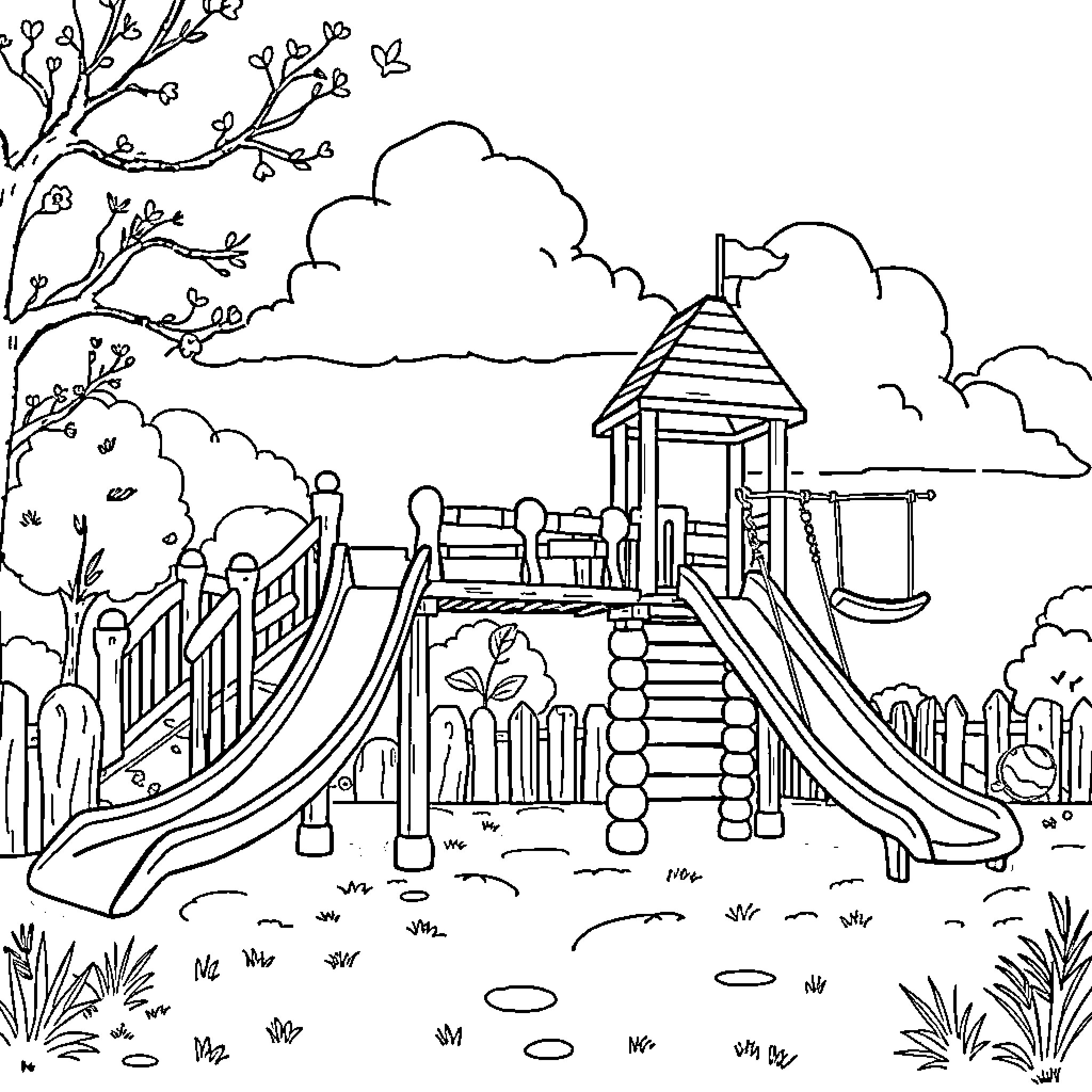Playground with slides and ladders in the park Coloring Page (free black-and-white line drawing printable PDF for all, from beginners to advanced learners, including children, teens, adults, and seniors)