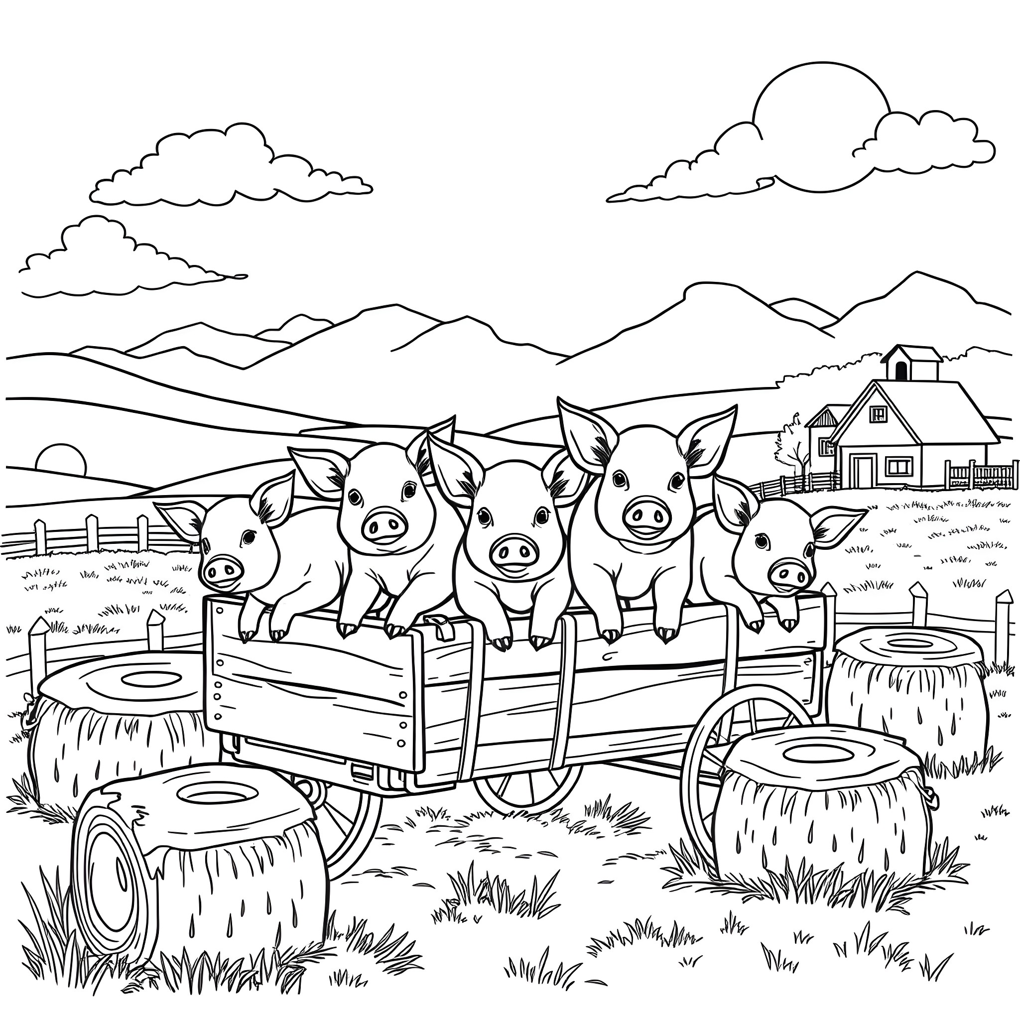 Pig family riding on a wagon in the countryside Coloring Page (free black-and-white line drawing printable PDF for all, from beginners to advanced learners, including children, teens, adults, and seniors)