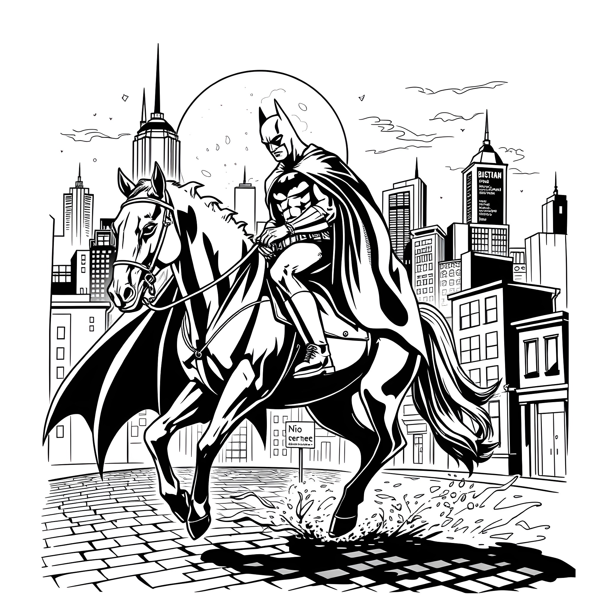 Batman riding his horse through the city streets Coloring Page (free black-and-white line drawing printable PDF for all, from beginners to advanced learners, including children, teens, adults, and seniors)