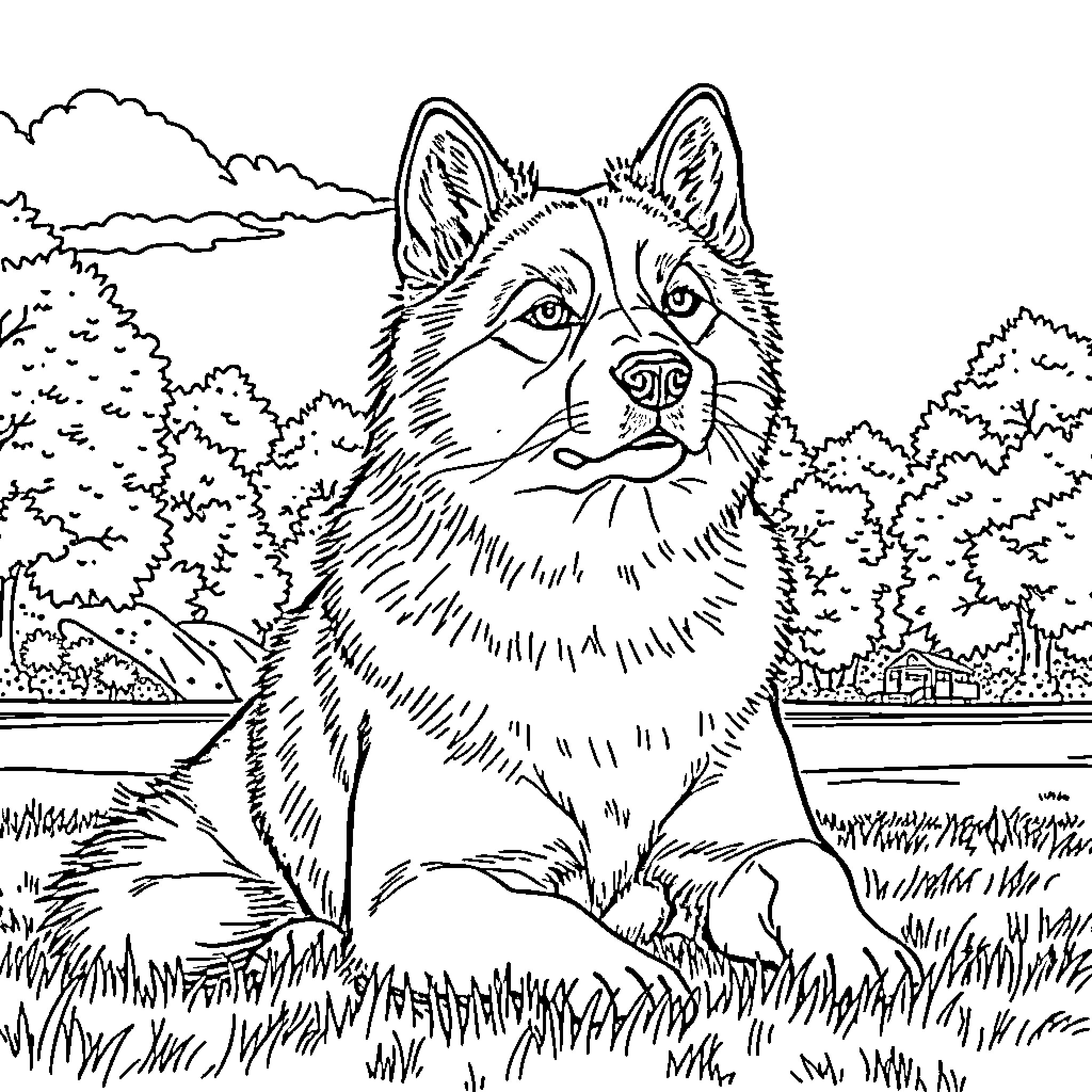 Akita dog sitting in the serene countryside Coloring Page (free black-and-white line drawing printable PDF for all, from beginners to advanced learners, including children, teens, adults, and seniors)