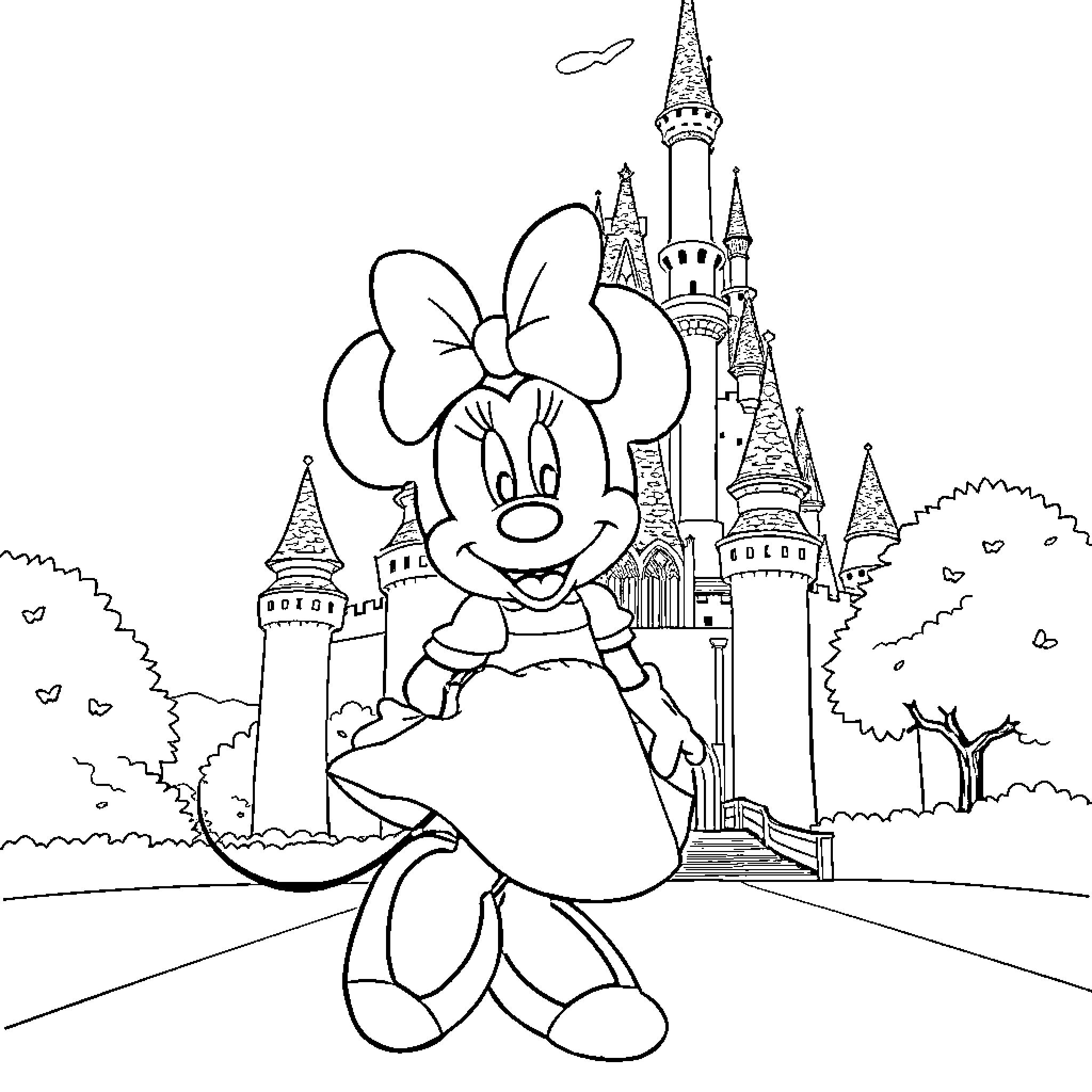Minnie Mouse in a magical castle setting Coloring Page (free black-and-white line drawing printable PDF for all, from beginners to advanced learners, including children, teens, adults, and seniors)