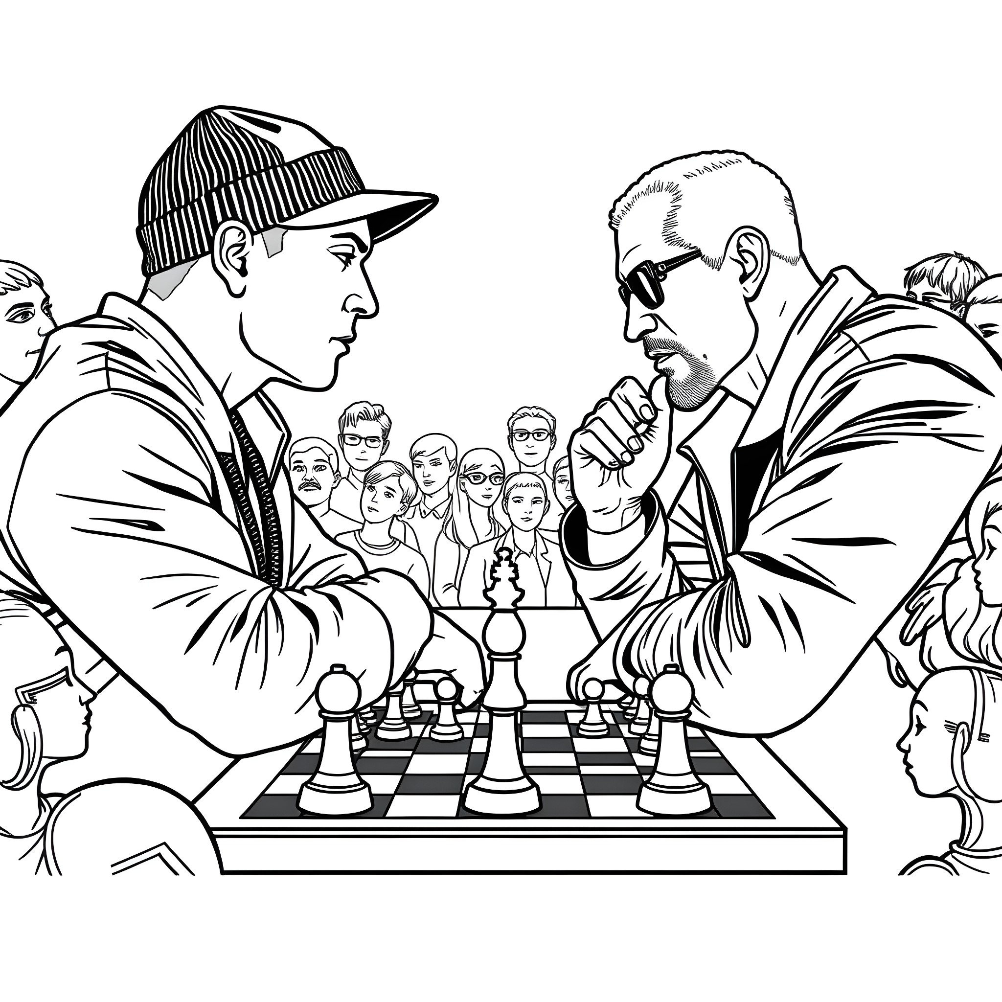 Eminem playing chess with his friends Coloring Page (free black-and-white line drawing printable PDF for all, from beginners to advanced learners, including children, teens, adults, and seniors)