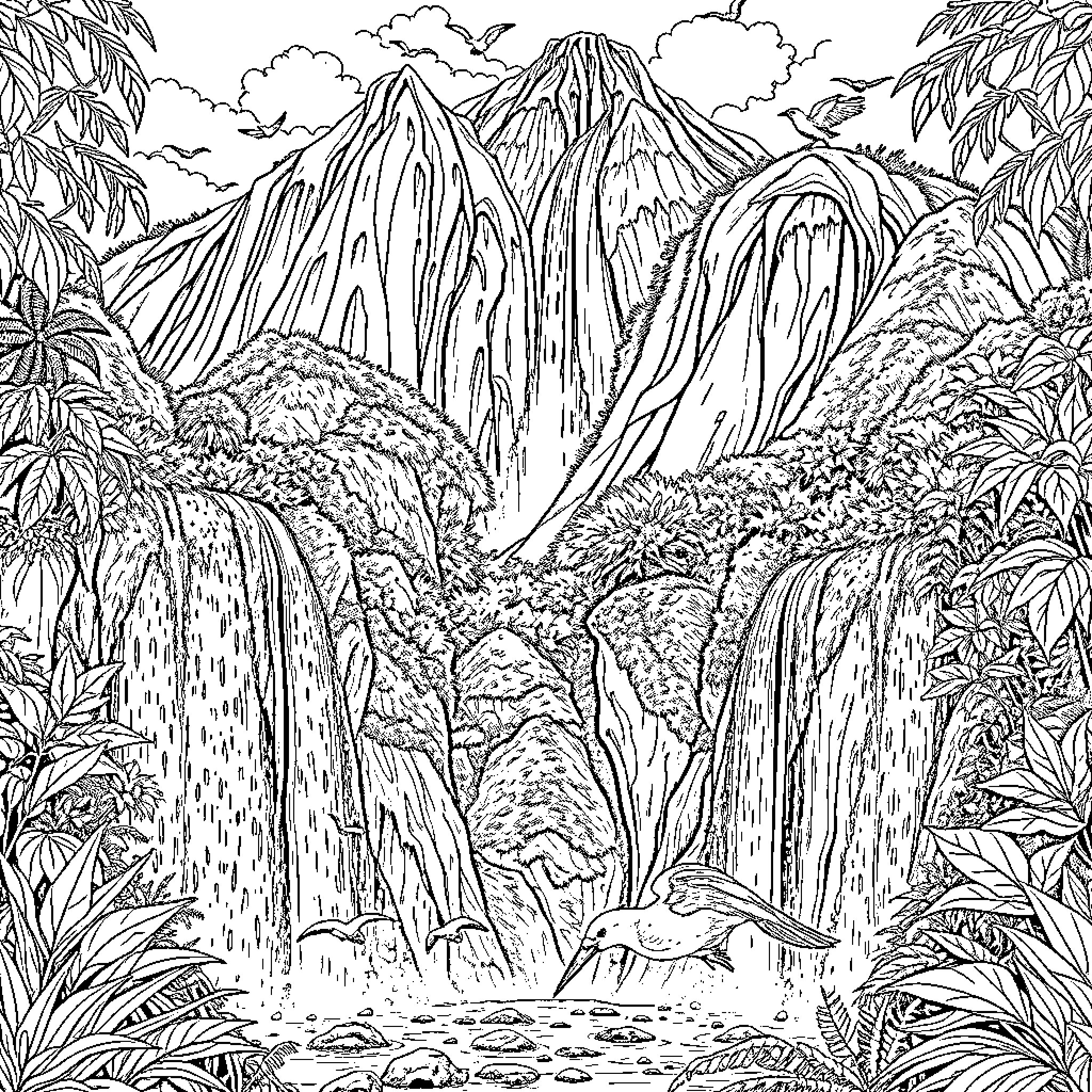 Waterfall in a lush tropical landscape Coloring Page (free black-and-white line drawing printable PDF for all, from beginners to advanced learners, including children, teens, adults, and seniors)