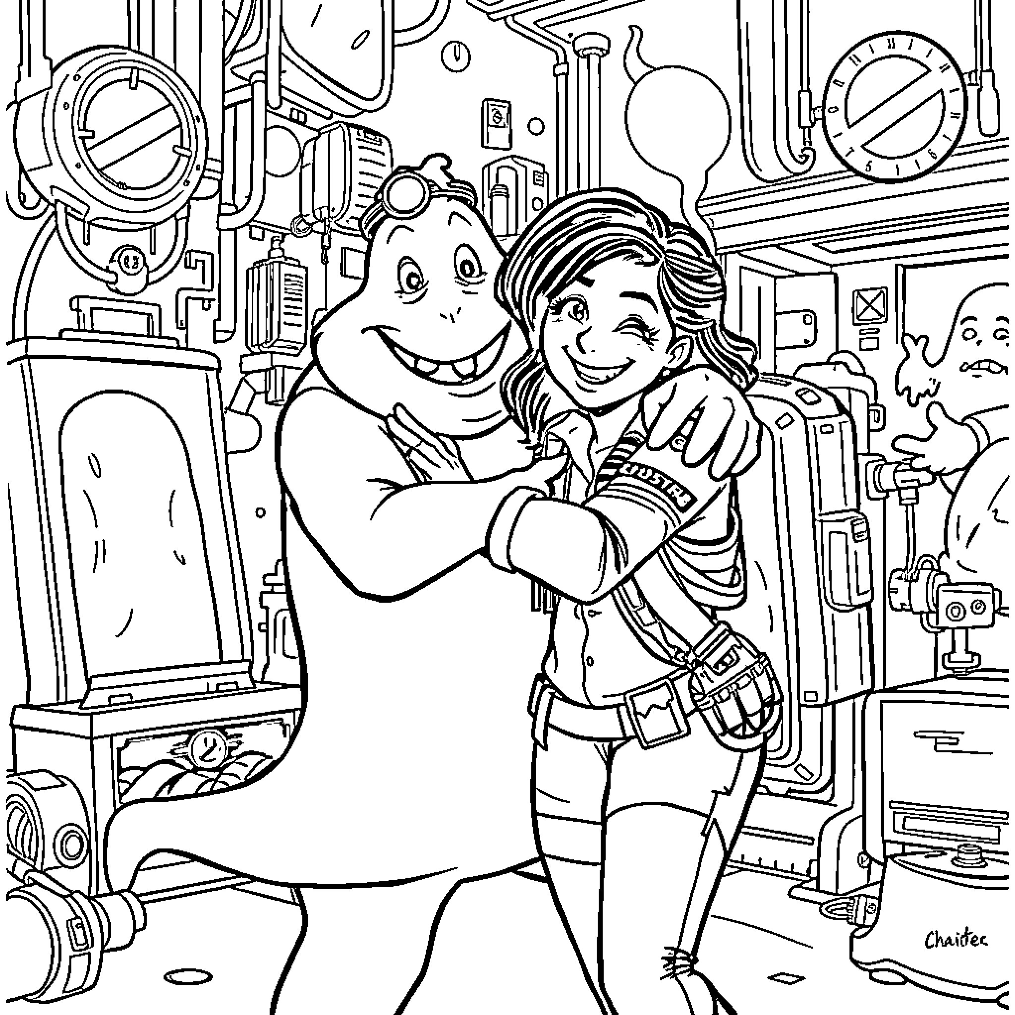 Slimer's Ghostly Adventure with a Friendly Human Coloring Page (free black-and-white line drawing printable PDF for all, from beginners to advanced learners, including children, teens, adults, and seniors)