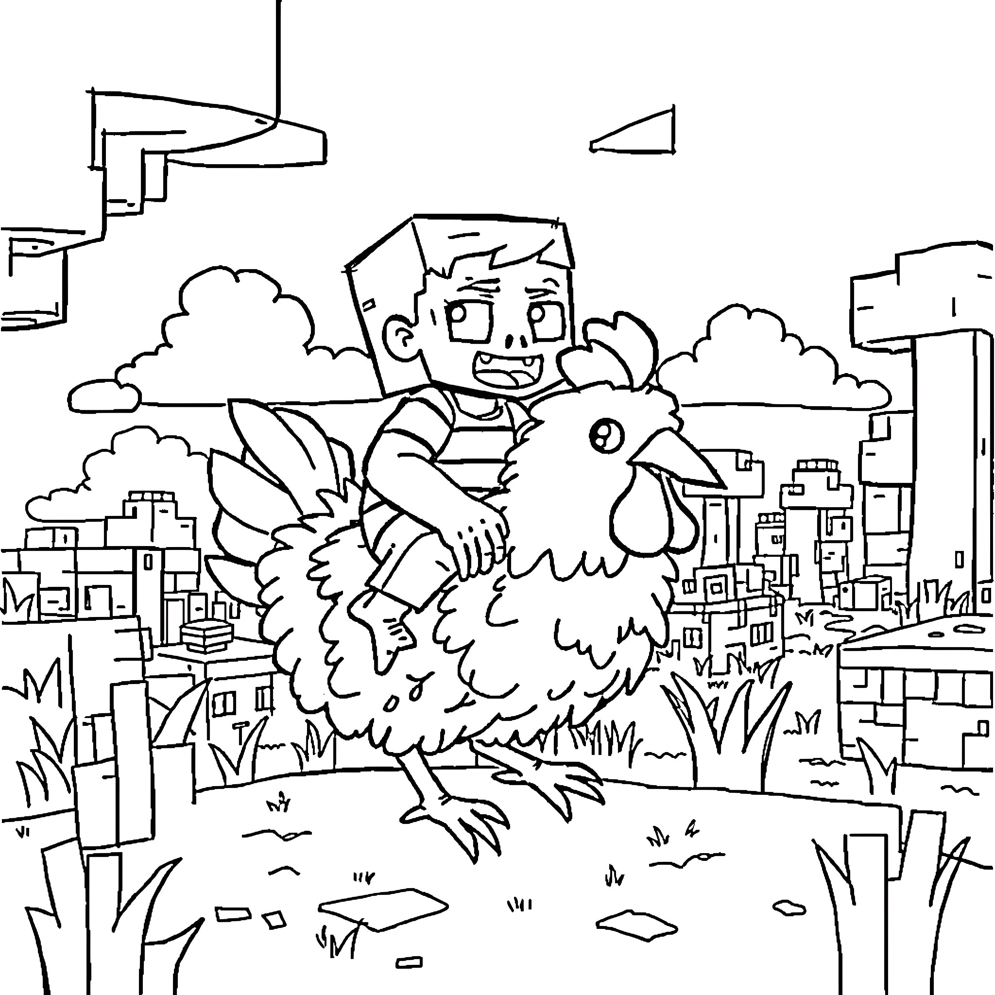 Zombie boy riding a giant bird in the city Coloring Page (free black-and-white line drawing printable PDF for all, from beginners to advanced learners, including children, teens, adults, and seniors)