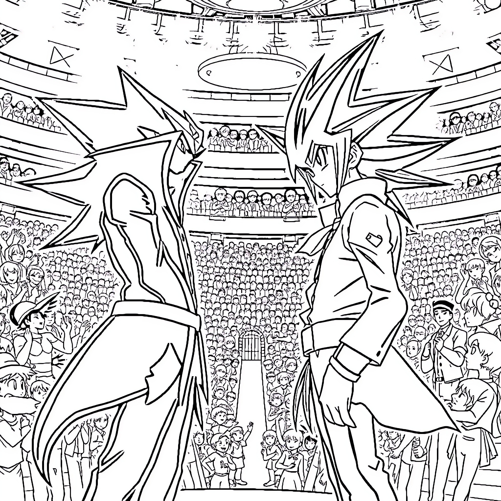 Yugi's Duel in a Packed Stadium Coloring Page (free black-and-white line drawing printable PDF for all, from beginners to advanced learners, including children, teens, adults, and seniors)