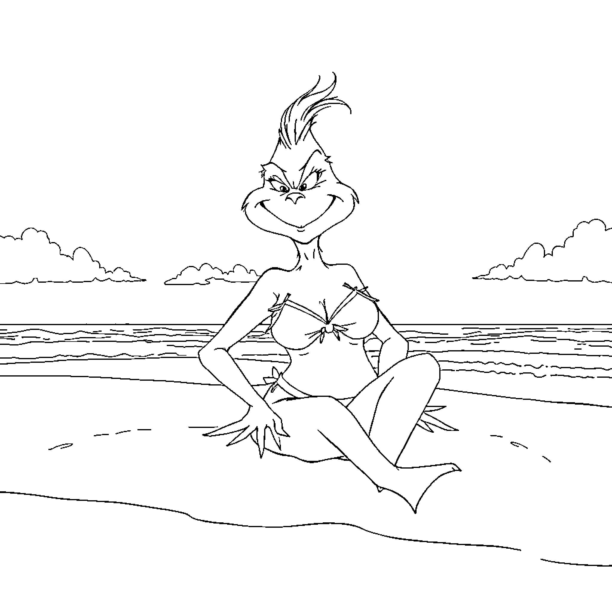 Grinch enjoying the beach and sunshine Coloring Page (free black-and-white line drawing printable PDF for all, from beginners to advanced learners, including children, teens, adults, and seniors)