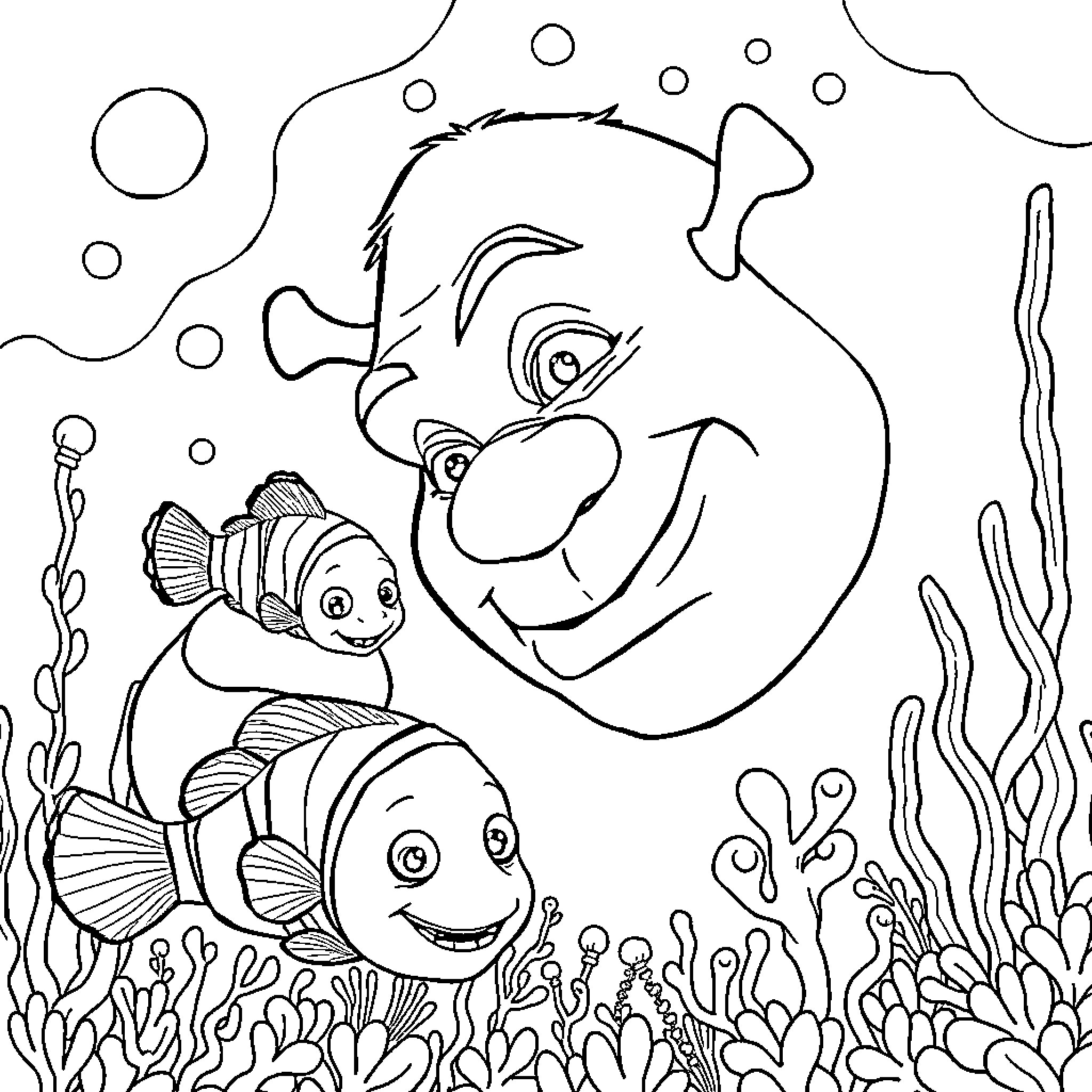 Nemo and friends swimming through the ocean Coloring Page (free black-and-white line drawing printable PDF for all, from beginners to advanced learners, including children, teens, adults, and seniors)