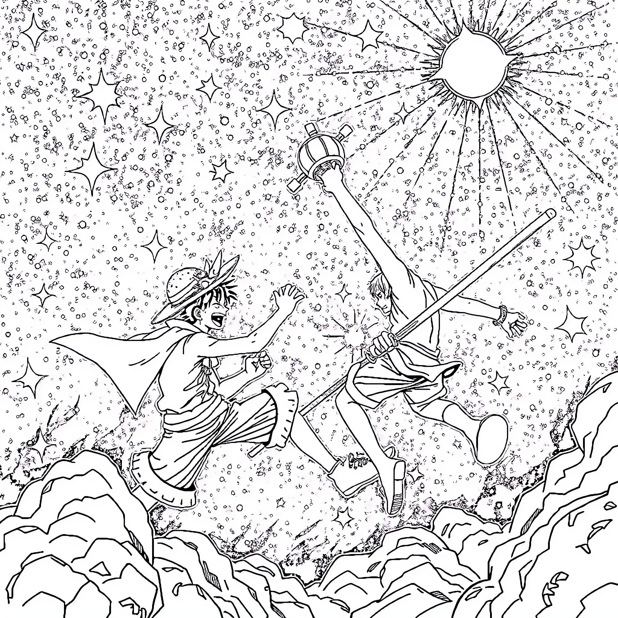 Zoro's Celestial Clash Amidst the Stars Coloring Page (free black-and-white line drawing printable PDF for all, from beginners to advanced learners, including children, teens, adults, and seniors)