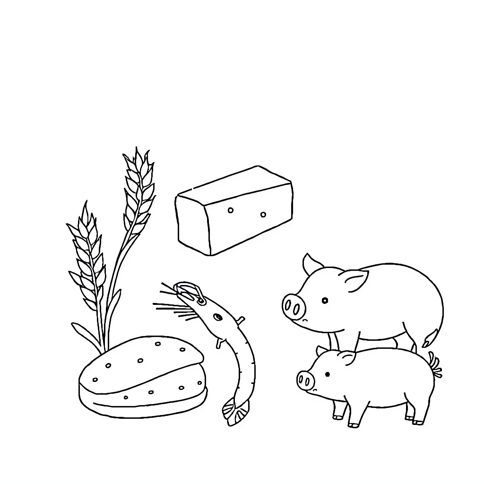 Food items and farm animals in simple line art Coloring Page (free black-and-white line drawing printable PDF for all, from beginners to advanced learners, including children, teens, adults, and seniors)