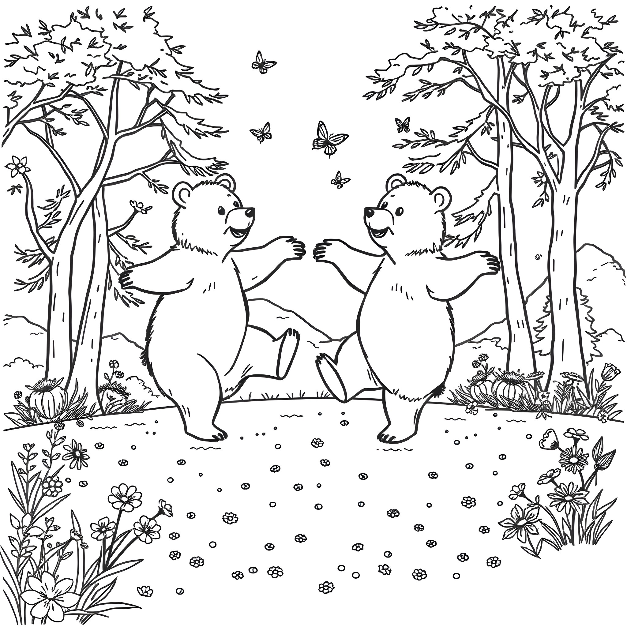 Bear Friends Dancing in the Forest Coloring Page (free black-and-white line drawing printable PDF for all, from beginners to advanced learners, including children, teens, adults, and seniors)