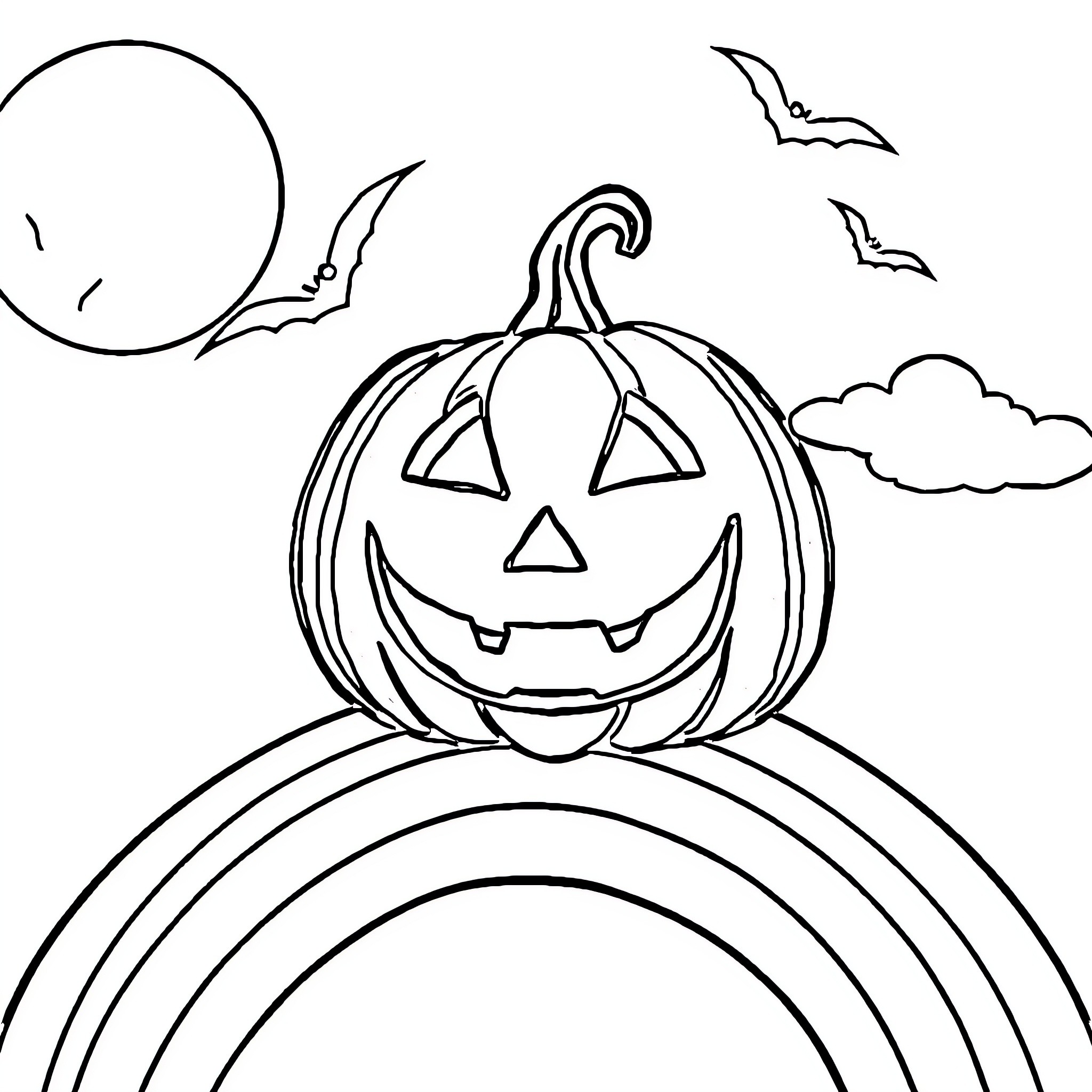 Jack-o'-lantern on a rainbow with bats in the sky Coloring Page (free black-and-white line drawing printable PDF for all, from beginners to advanced learners, including children, teens, adults, and seniors)