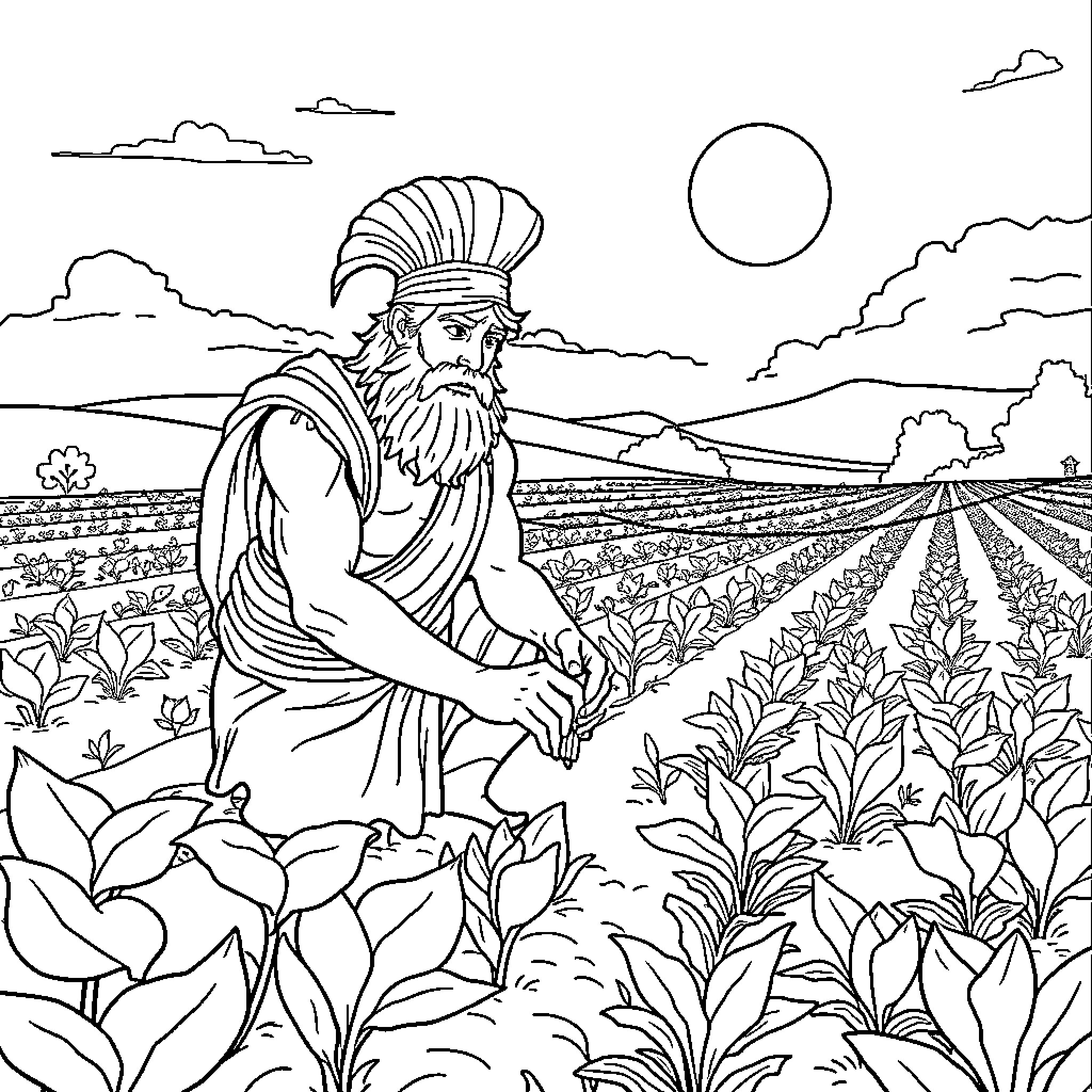 Achilles in the Meadow Coloring Page (free black-and-white line drawing printable PDF for all, from beginners to advanced learners, including children, teens, adults, and seniors)