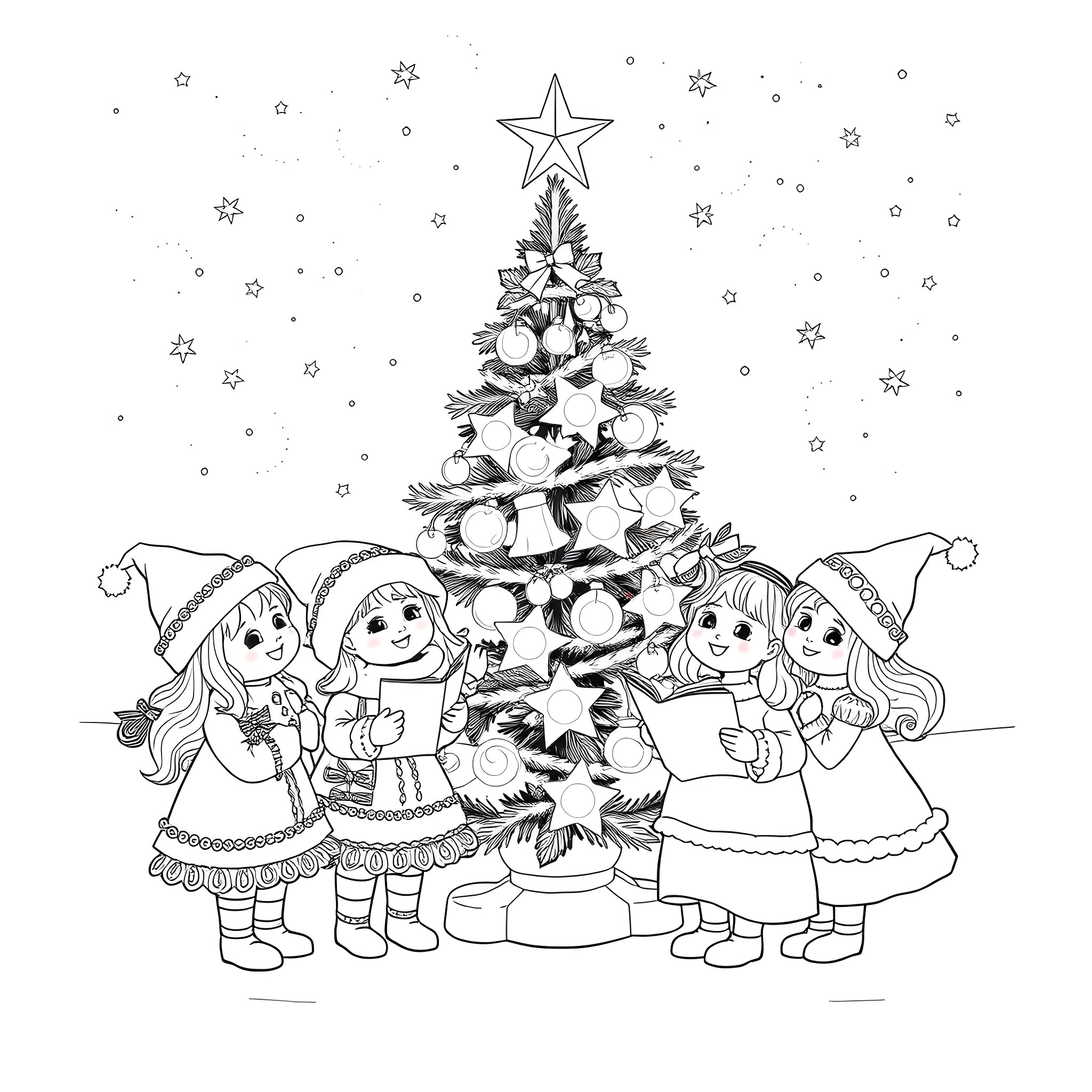 Doll characters celebrating Christmas around decorated tree Coloring Page (free black-and-white line drawing printable PDF for all, from beginners to advanced learners, including children, teens, adults, and seniors)