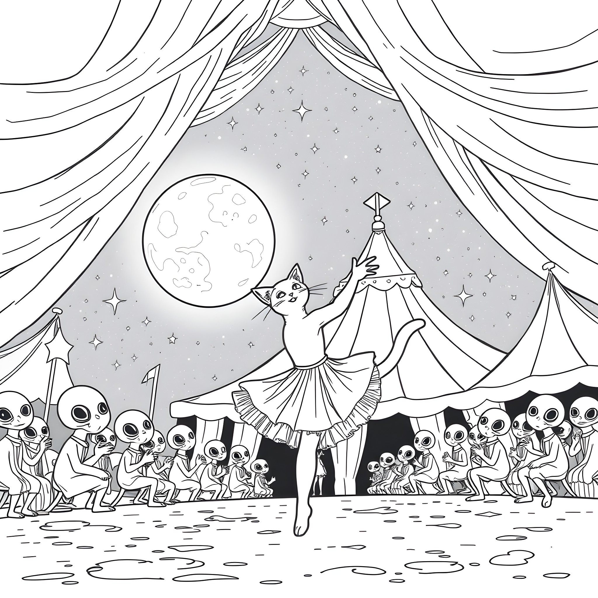 Cat performing gracefully in a moonlit circus Coloring Page (free black-and-white line drawing printable PDF for all, from beginners to advanced learners, including children, teens, adults, and seniors)