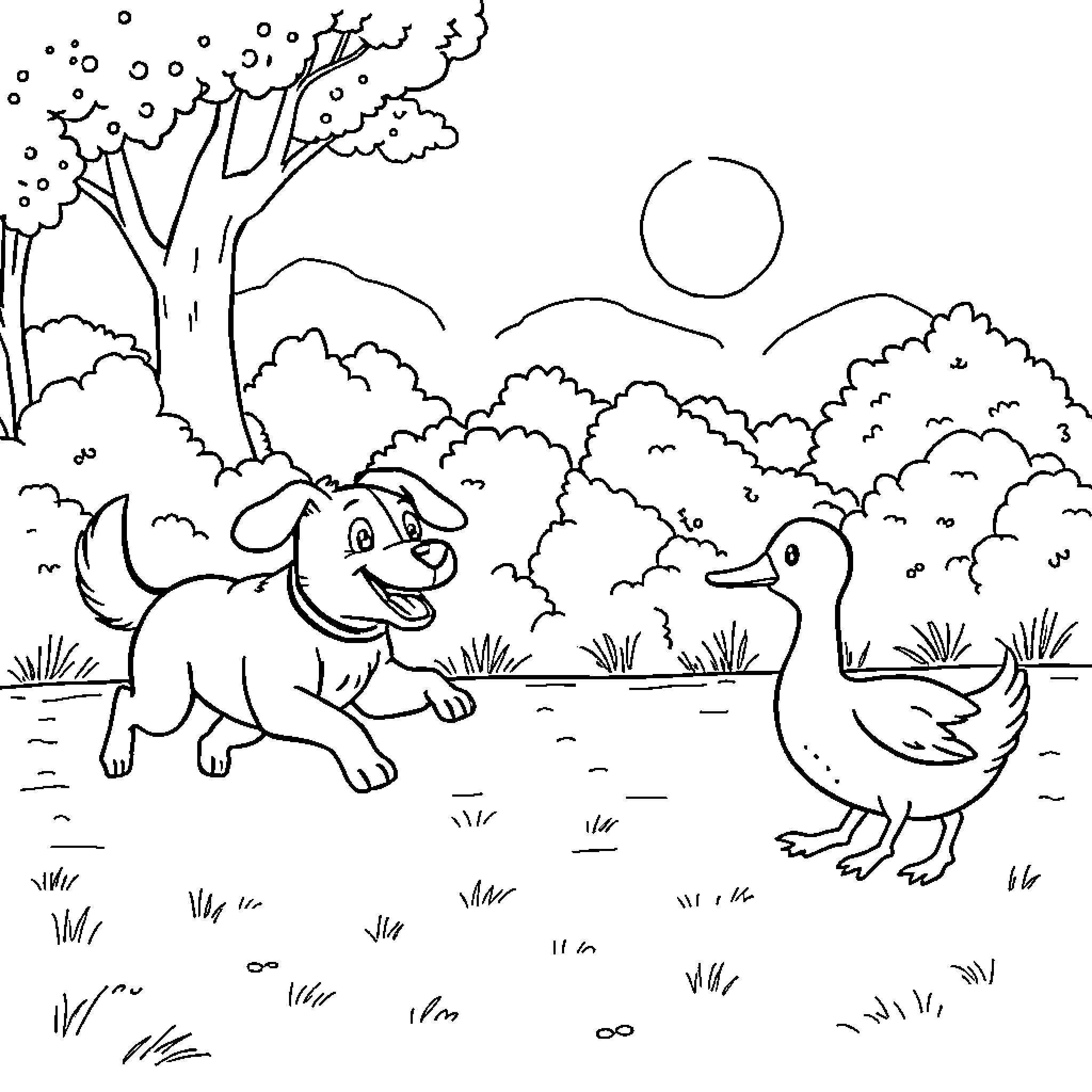 Dog playing with duck in nature Coloring Page (free black-and-white line drawing printable PDF for all, from beginners to advanced learners, including children, teens, adults, and seniors)