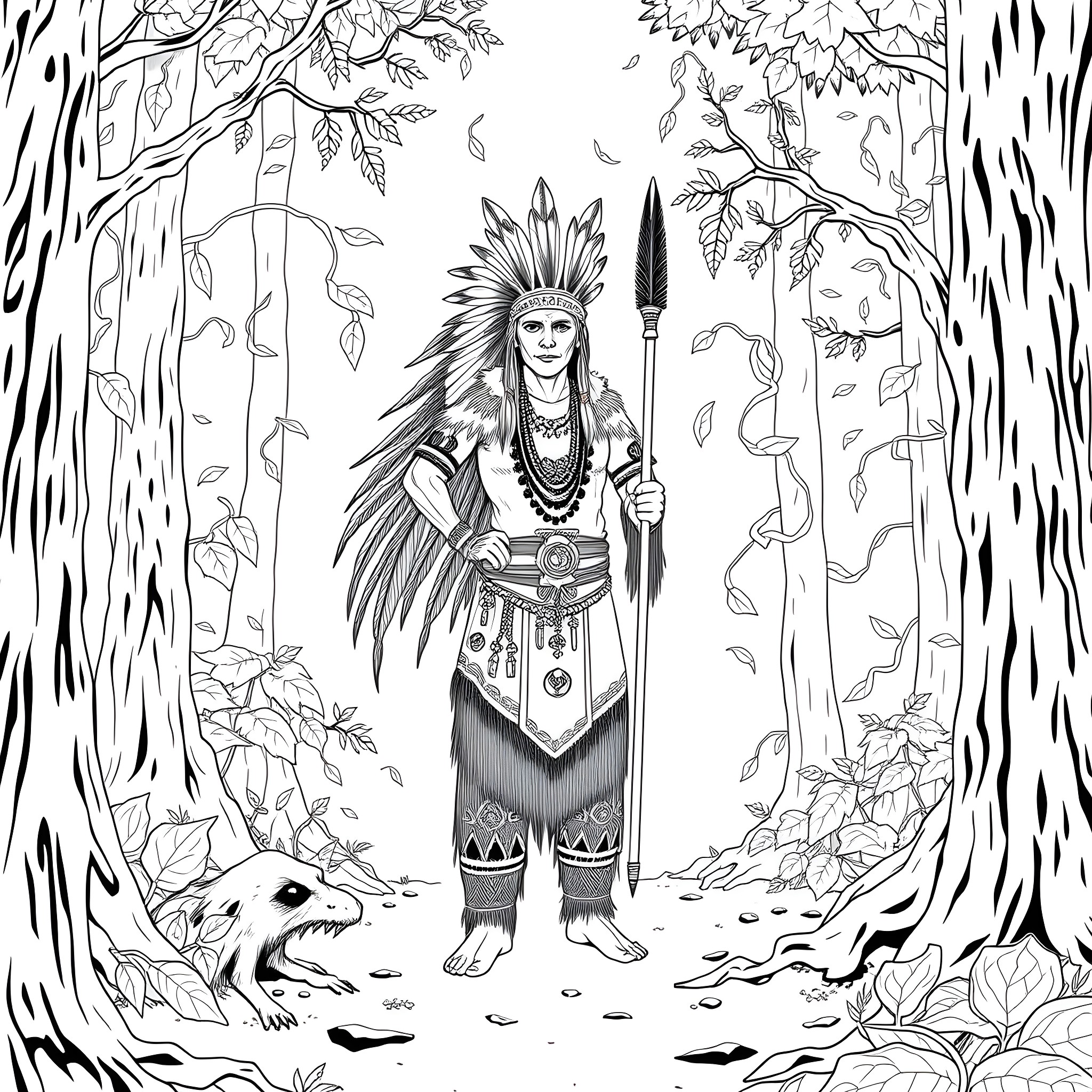 Shaman's Enchanting Journey in the Mystical Forest Coloring Page (free black-and-white line drawing printable PDF for all, from beginners to advanced learners, including children, teens, adults, and seniors)