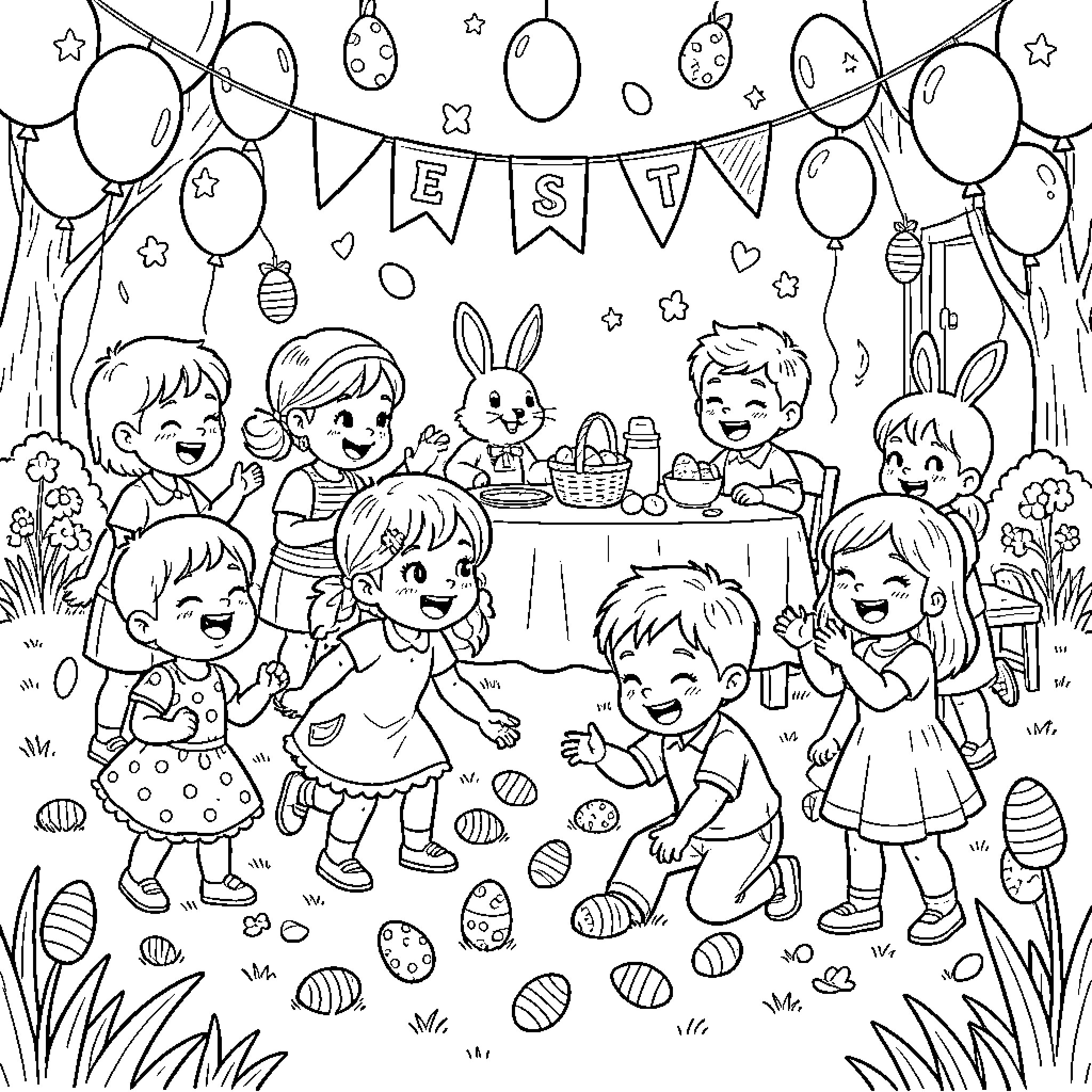 Easter celebration with children playing joyfully Coloring Page (free black-and-white line drawing printable PDF for all, from beginners to advanced learners, including children, teens, adults, and seniors)