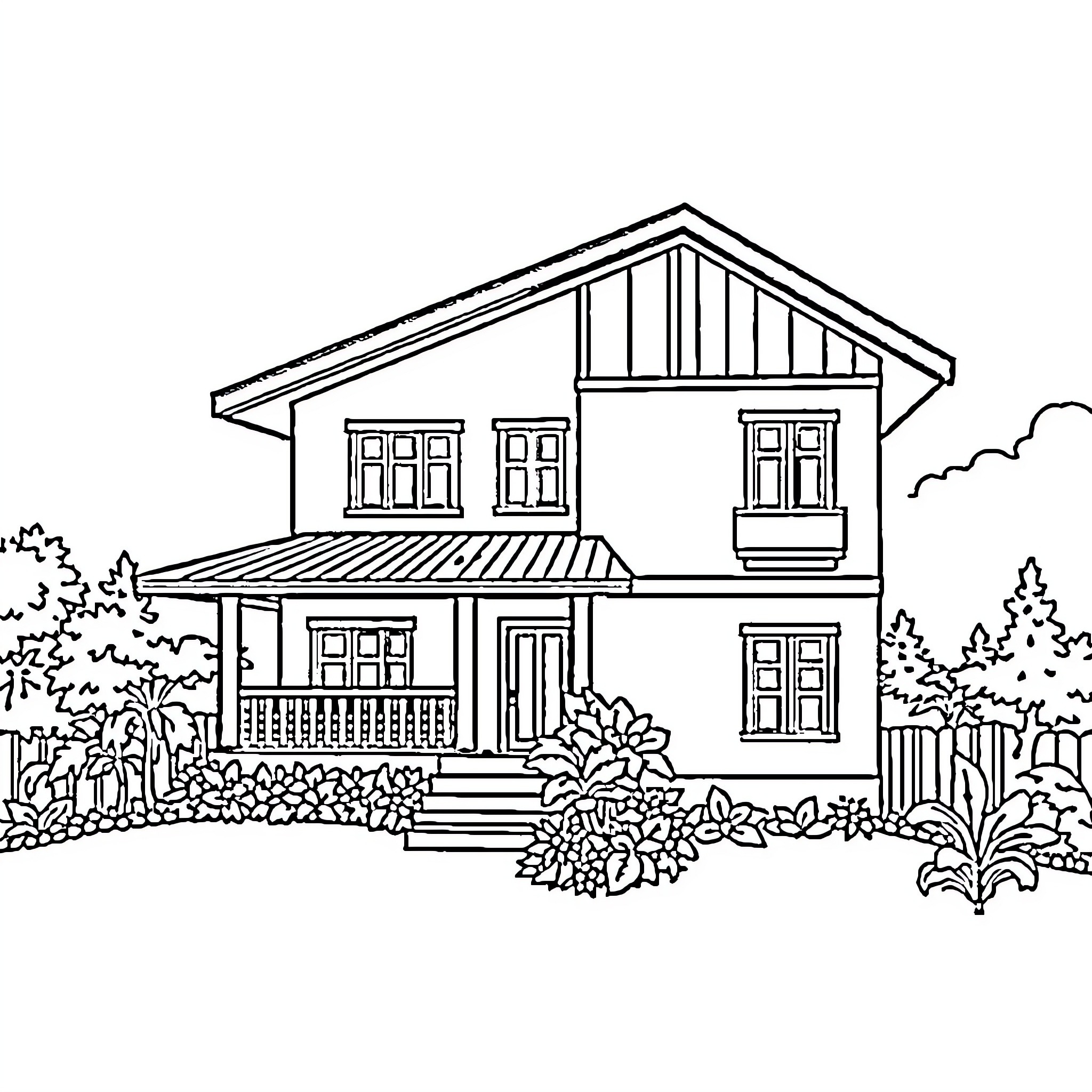 House with a wooden porch and plants Coloring Page (free black-and-white line drawing printable PDF for all, from beginners to advanced learners, including children, teens, adults, and seniors)