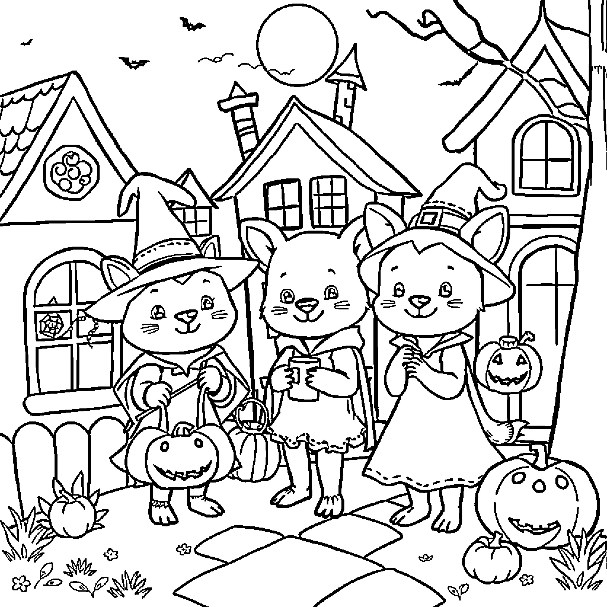 Animal characters celebrating Halloween in a haunted village Coloring Page (free black-and-white line drawing printable PDF for all, from beginners to advanced learners, including children, teens, adults, and seniors)