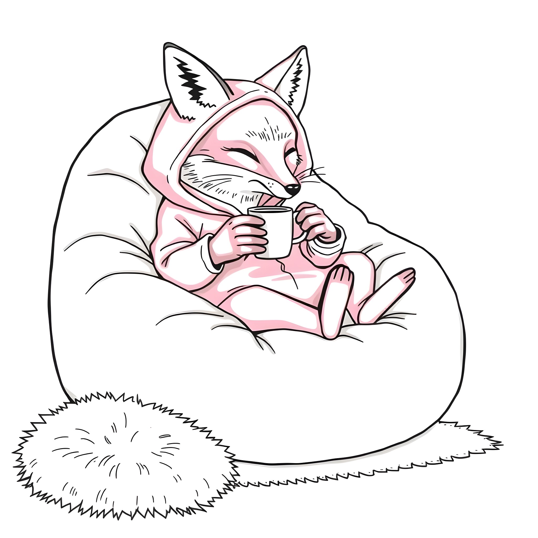 Fox enjoying a warm beverage in a cozy burrow Coloring Page (free black-and-white line drawing printable PDF for all, from beginners to advanced learners, including children, teens, adults, and seniors)