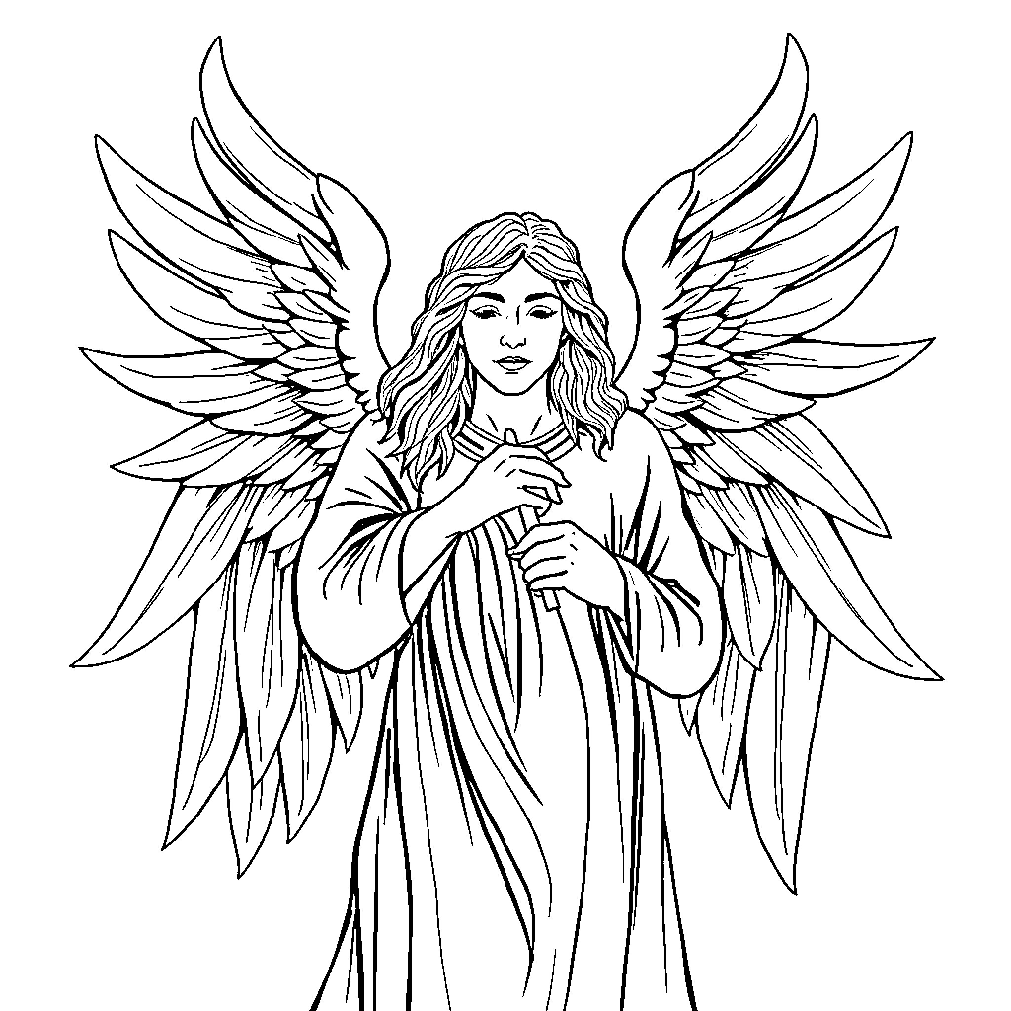 Angel with Outstretched Wings in Elegant Robes Coloring Page (free black-and-white line drawing printable PDF for all, from beginners to advanced learners, including children, teens, adults, and seniors)