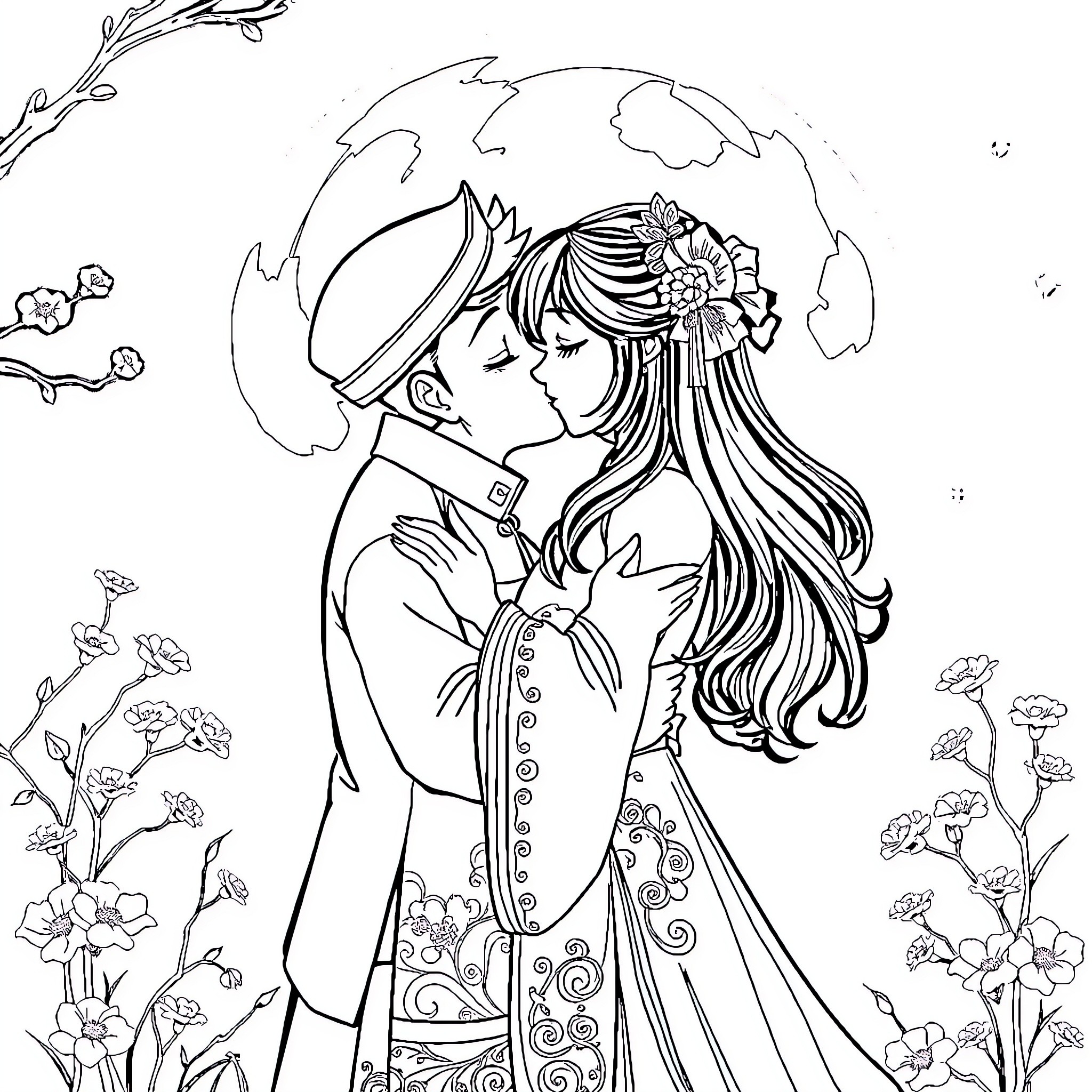 Maomao's Romantic Embrace Coloring Page (free black-and-white line drawing printable PDF for all, from beginners to advanced learners, including children, teens, adults, and seniors)