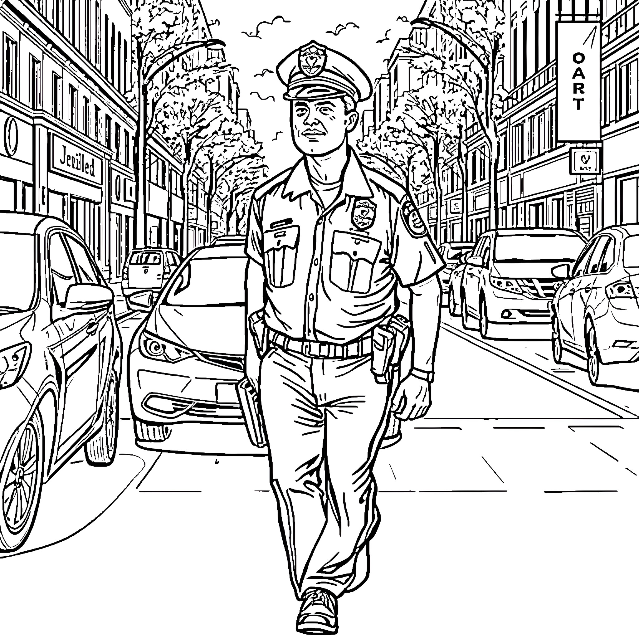 Police Officer Patrolling the City Streets Coloring Page (free black-and-white line drawing printable PDF for all, from beginners to advanced learners, including children, teens, adults, and seniors)