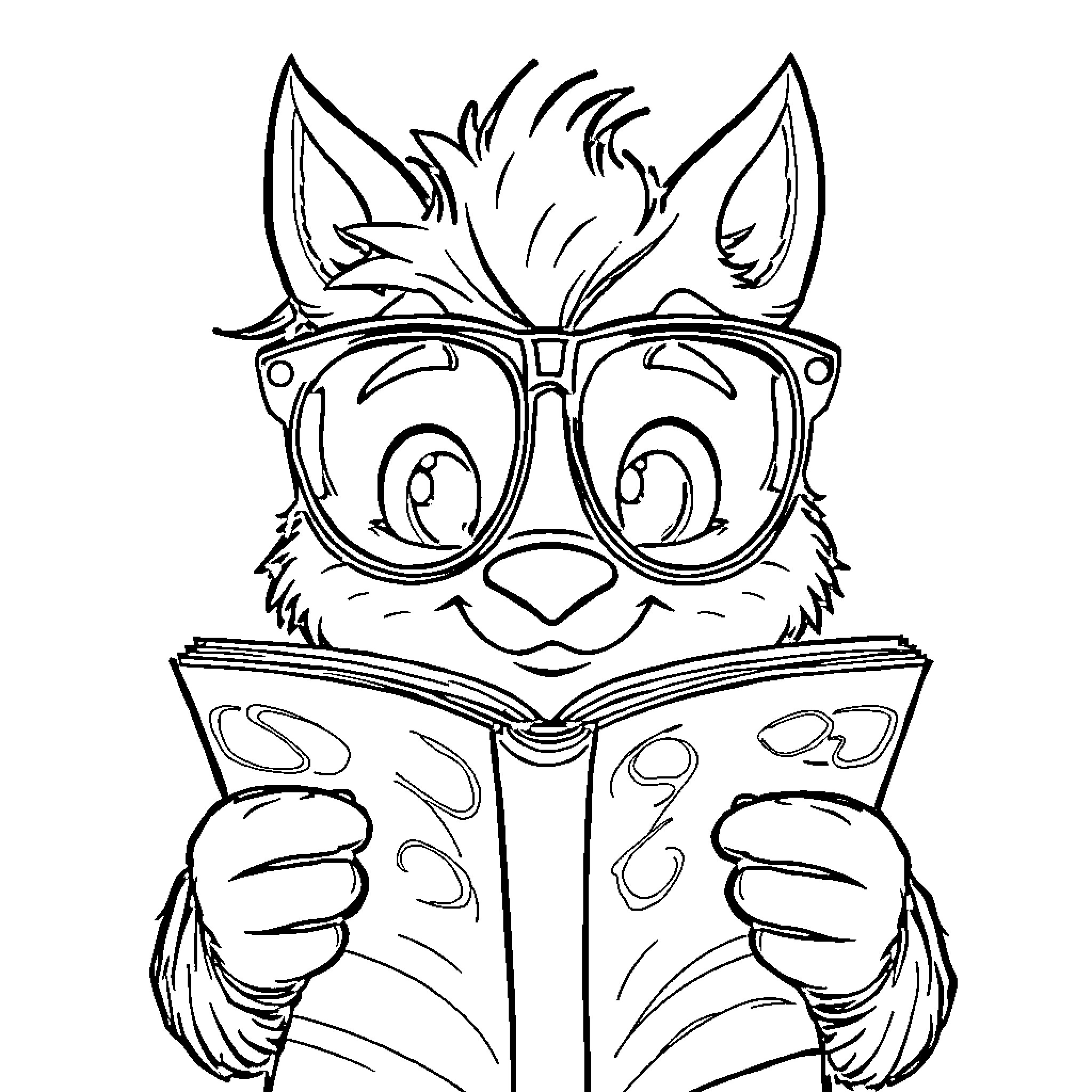 Mono Cat Reading Intently Coloring Page (free black-and-white line drawing printable PDF for all, from beginners to advanced learners, including children, teens, adults, and seniors)