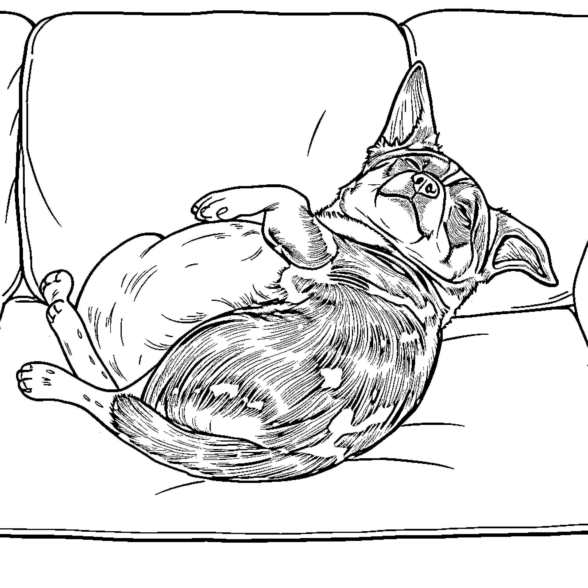 Blue Heeler resting comfortably on a bed Coloring Page (free black-and-white line drawing printable PDF for all, from beginners to advanced learners, including children, teens, adults, and seniors)