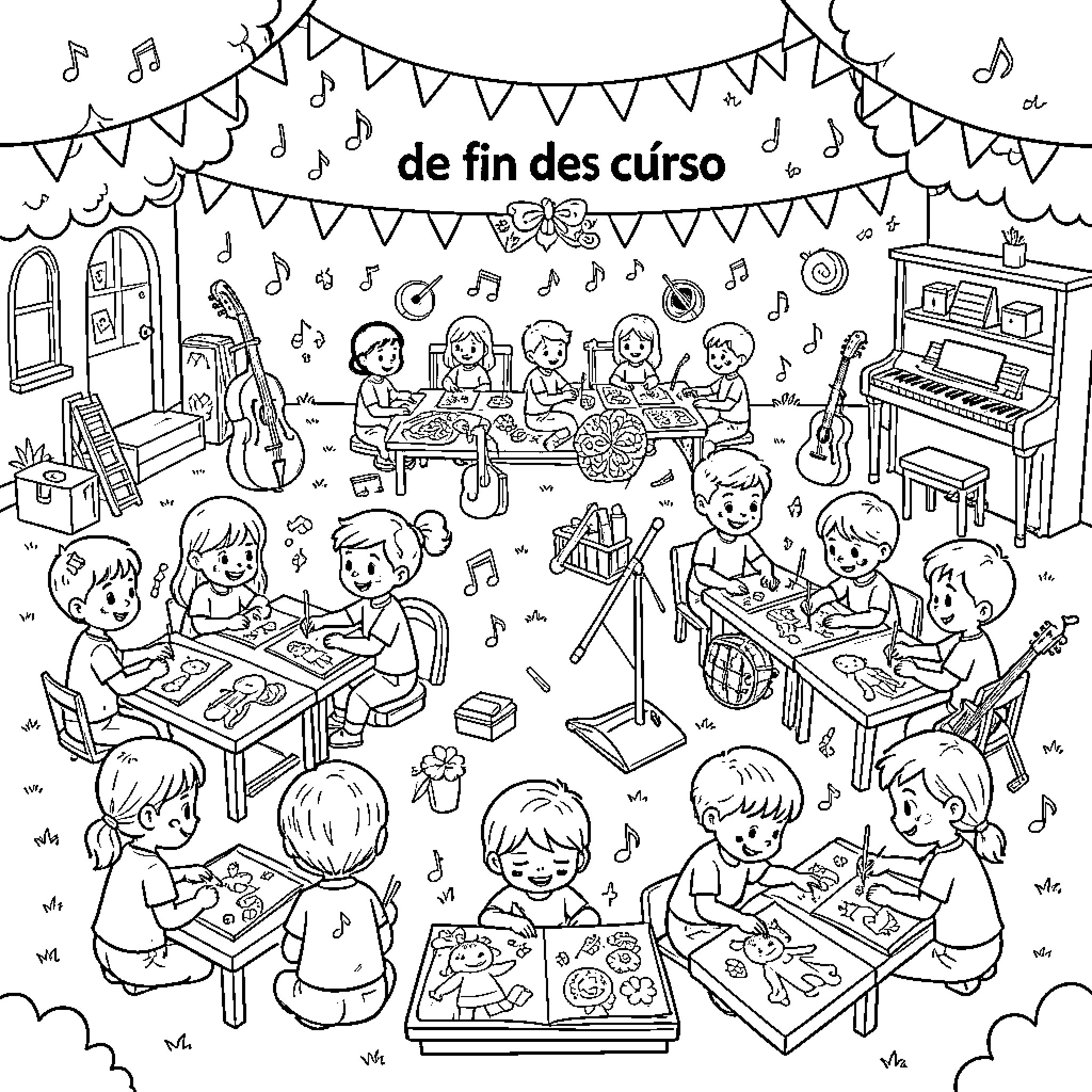 Musical Note classroom setting with children engaging in creative activities Coloring Page (free black-and-white line drawing printable PDF for all, from beginners to advanced learners, including children, teens, adults, and seniors)