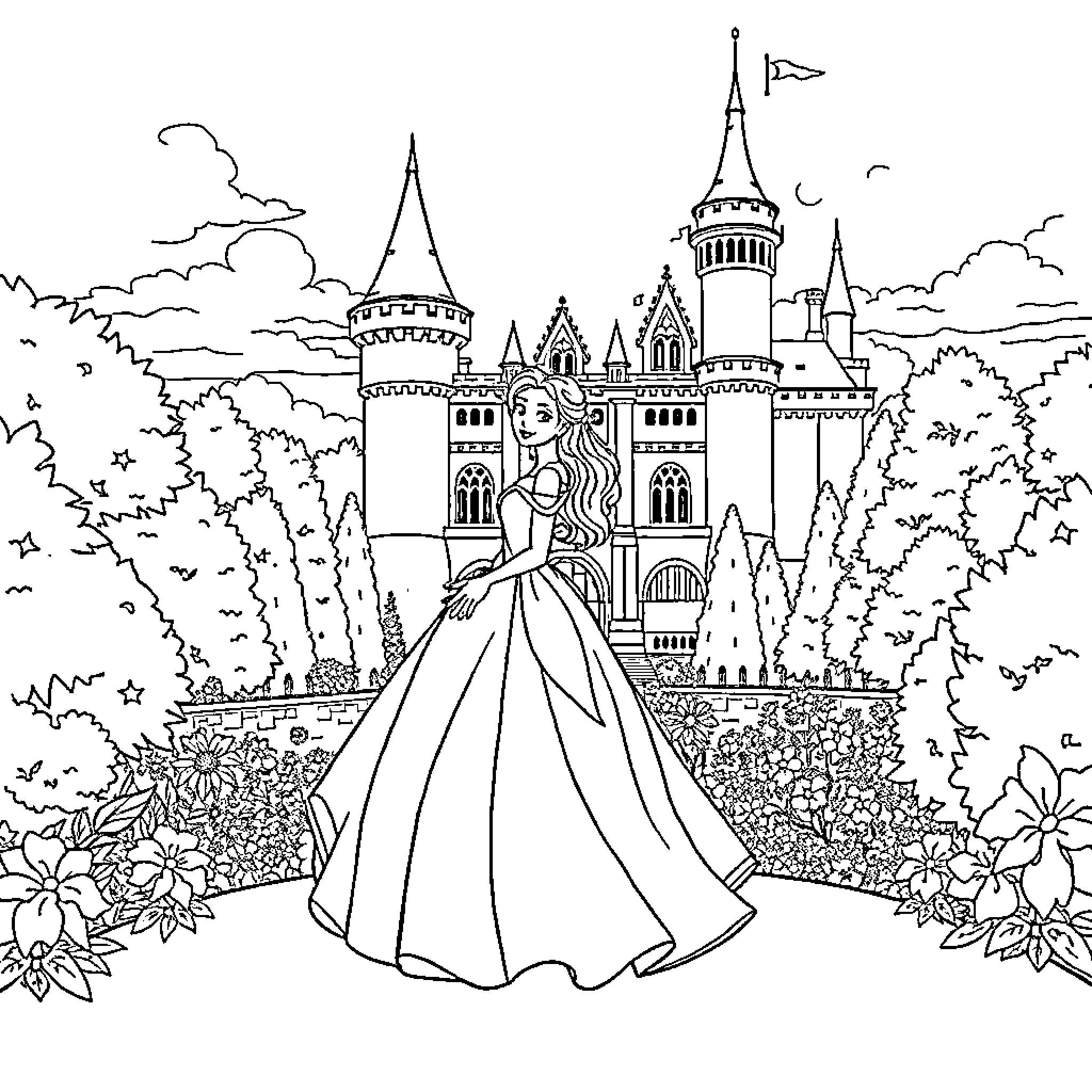 Princess in a Regal Gown before a Majestic Castle Coloring Page (free black-and-white line drawing printable PDF for all, from beginners to advanced learners, including children, teens, adults, and seniors)
