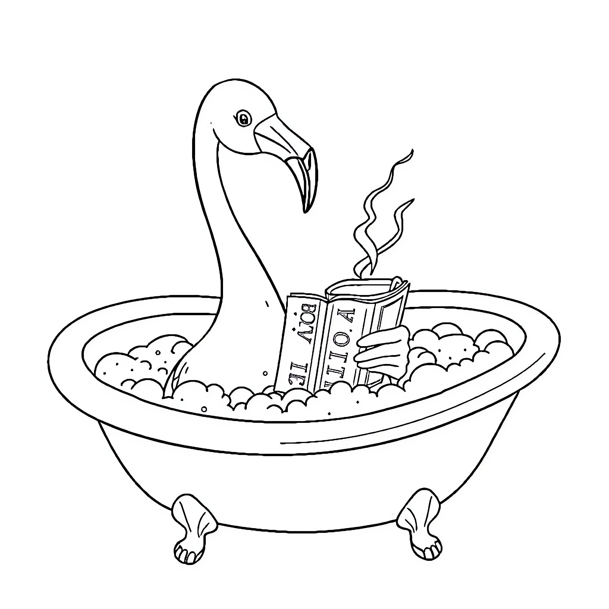 Flamingo relaxing in a cozy bathtub Coloring Page (free black-and-white line drawing printable PDF for all, from beginners to advanced learners, including children, teens, adults, and seniors)