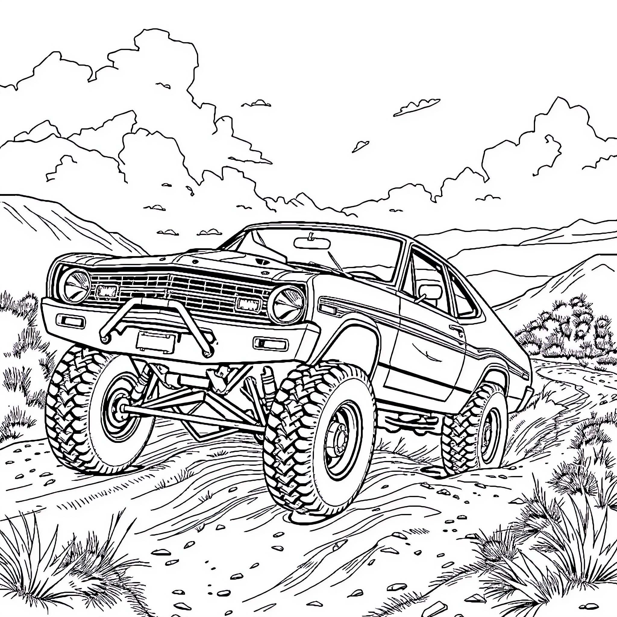 Ford Maverick off-road adventure in the wilderness Coloring Page (free black-and-white line drawing printable PDF for all, from beginners to advanced learners, including children, teens, adults, and seniors)