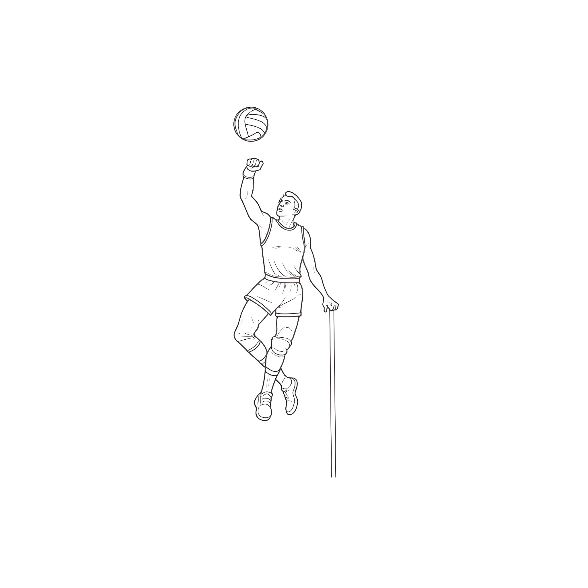 Mike Tyson spiking a volleyball in the air Coloring Page (free black-and-white line drawing printable PDF for all, from beginners to advanced learners, including children, teens, adults, and seniors)