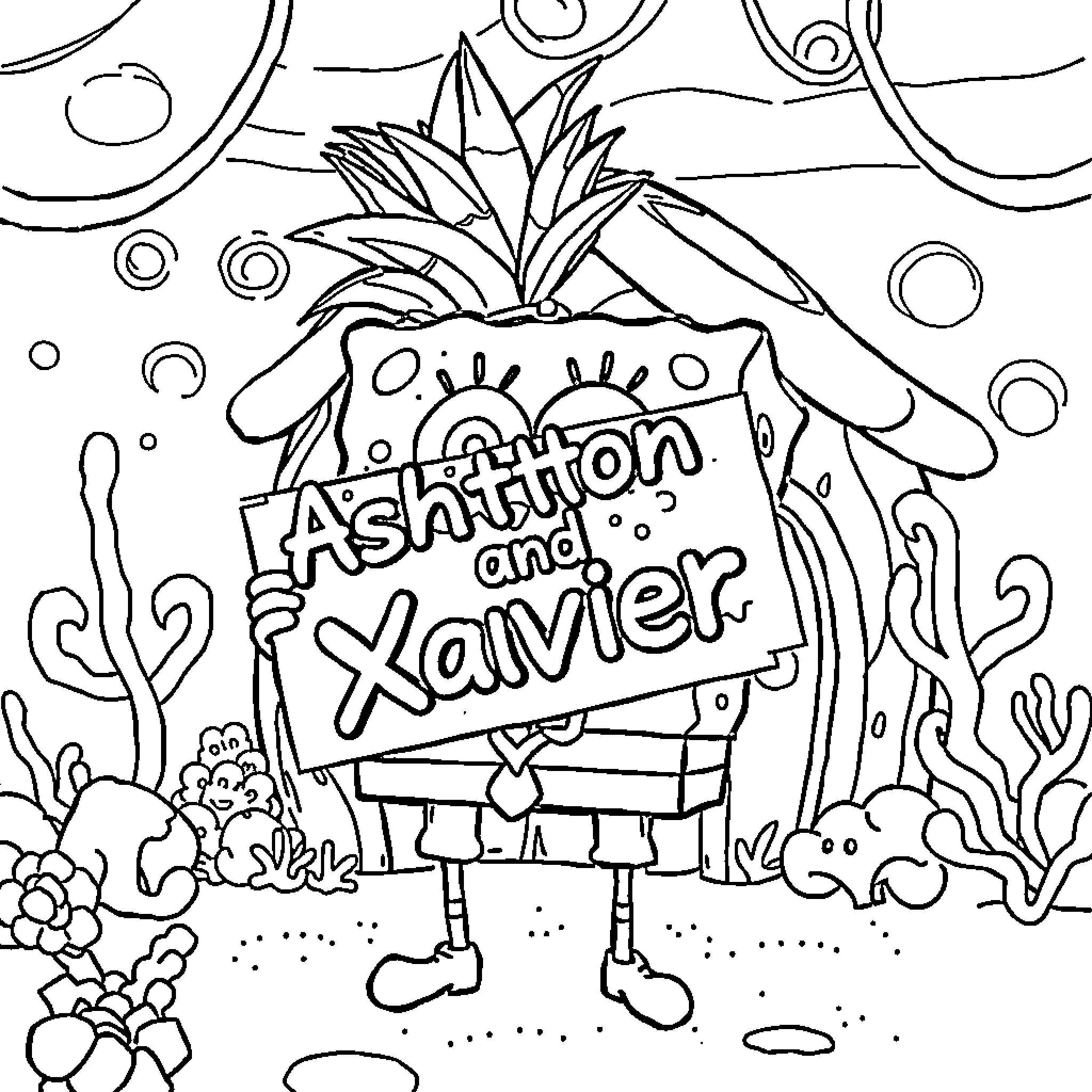 Spongebob celebrating Ashton and Xavier Coloring Page (free black-and-white line drawing printable PDF for all, from beginners to advanced learners, including children, teens, adults, and seniors)