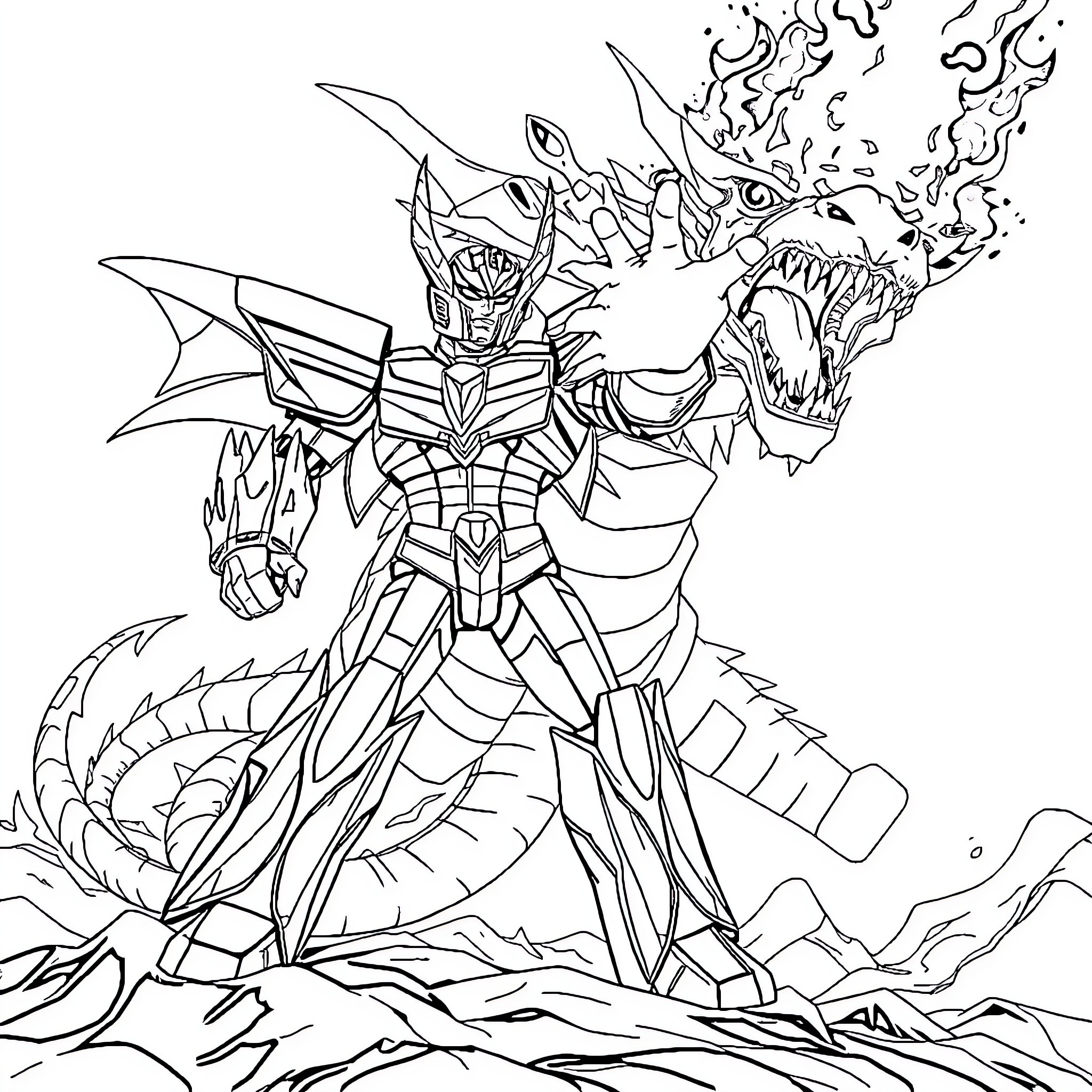 Voltron battles a fierce dragon-like beast Coloring Page (free black-and-white line drawing printable PDF for all, from beginners to advanced learners, including children, teens, adults, and seniors)